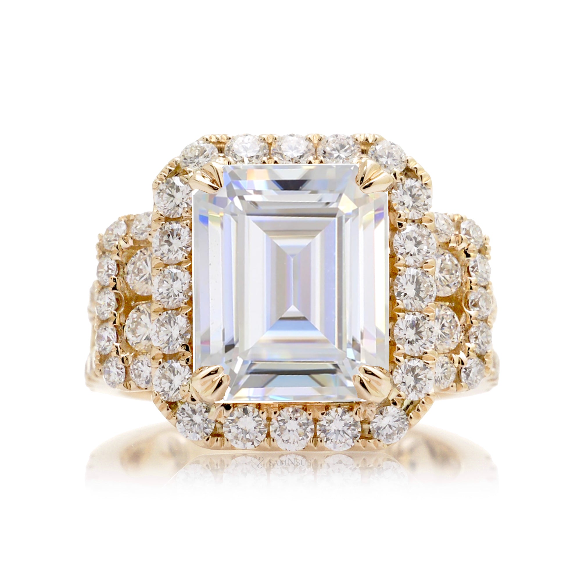 Bold Statement Moissanite Ring with Double Halo in Yellow Gold