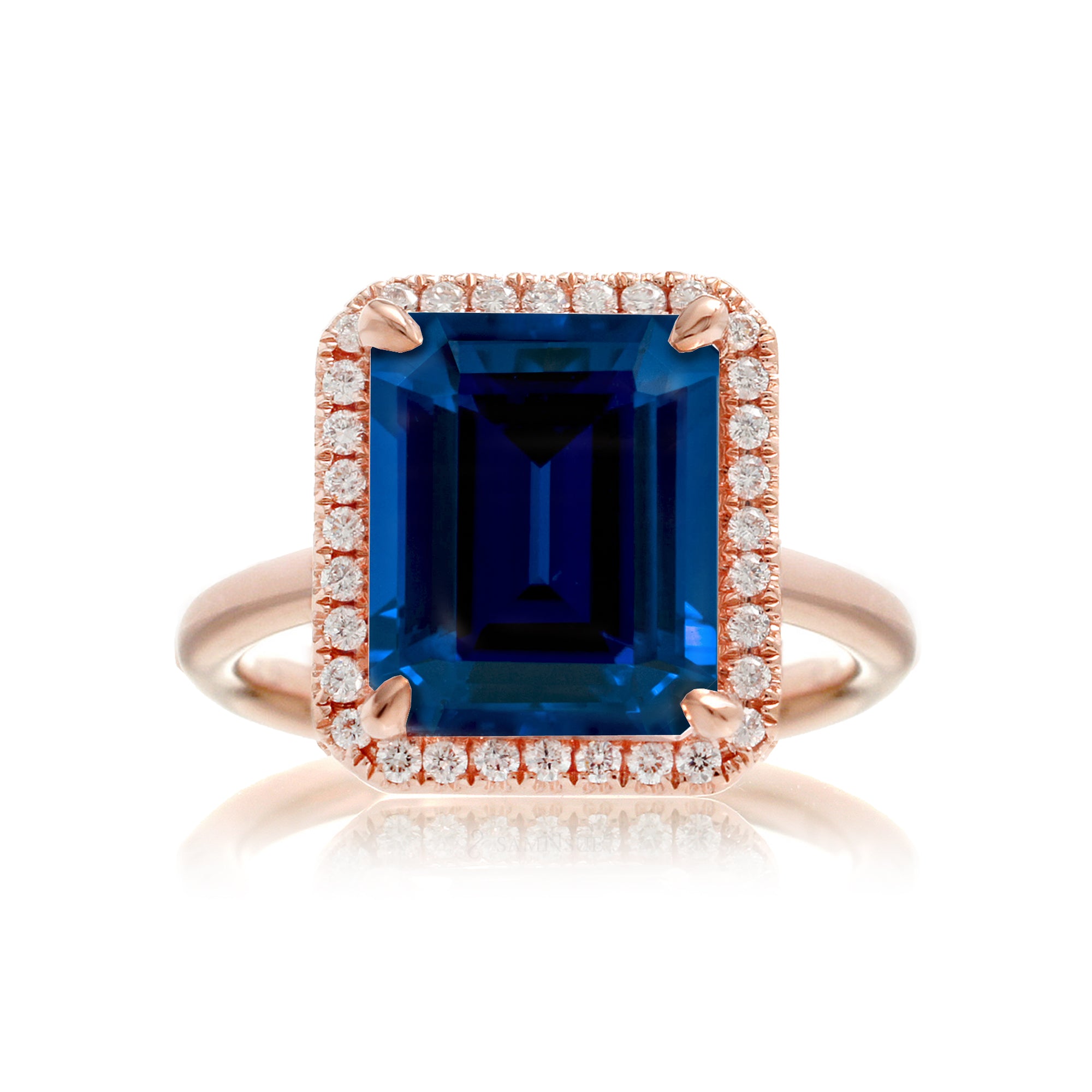 Emerald cut blue sapphire engagement ring diamond halo the Drenched rose gold solid band