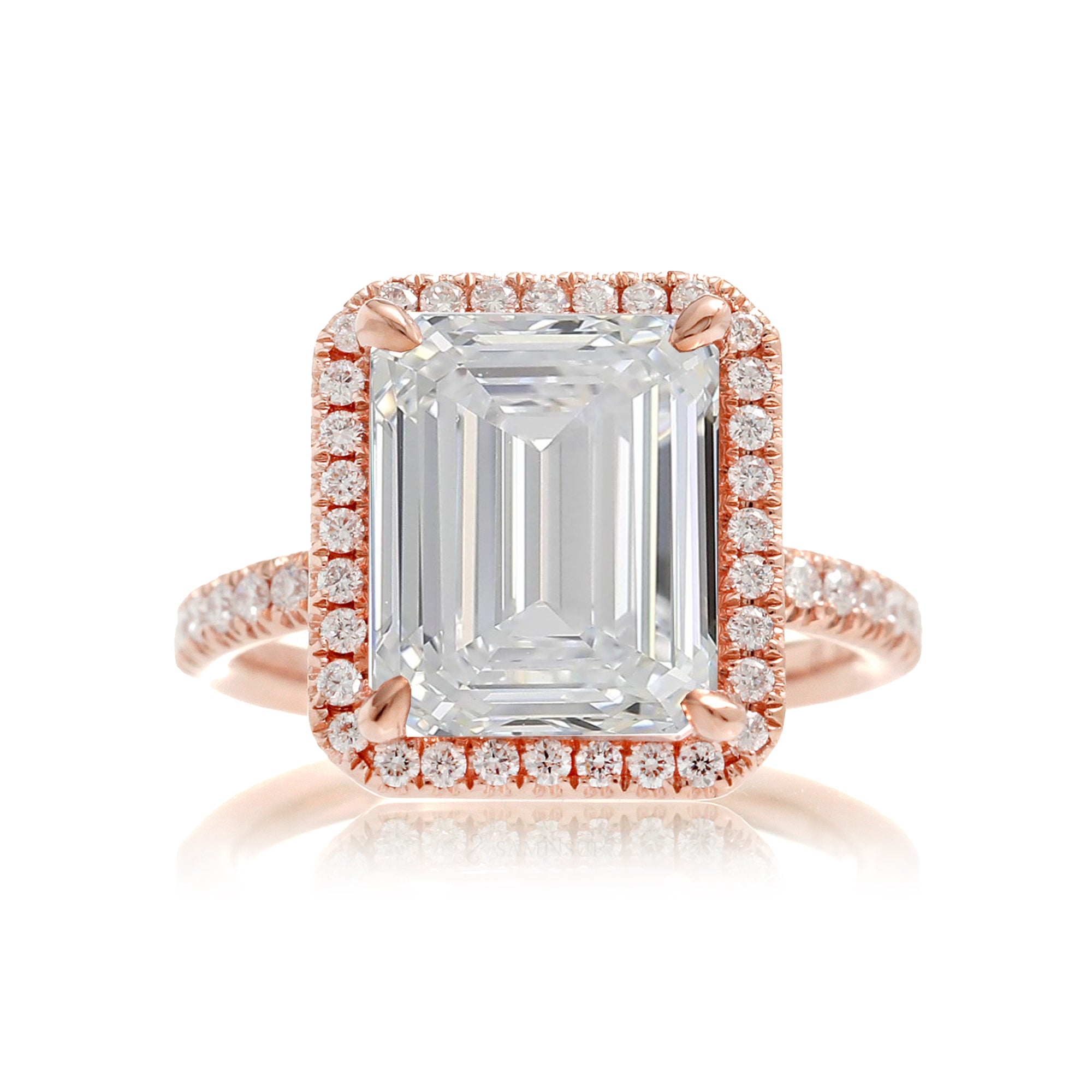 Emerald cut diamond engagement ring with halo the Drenched rose gold