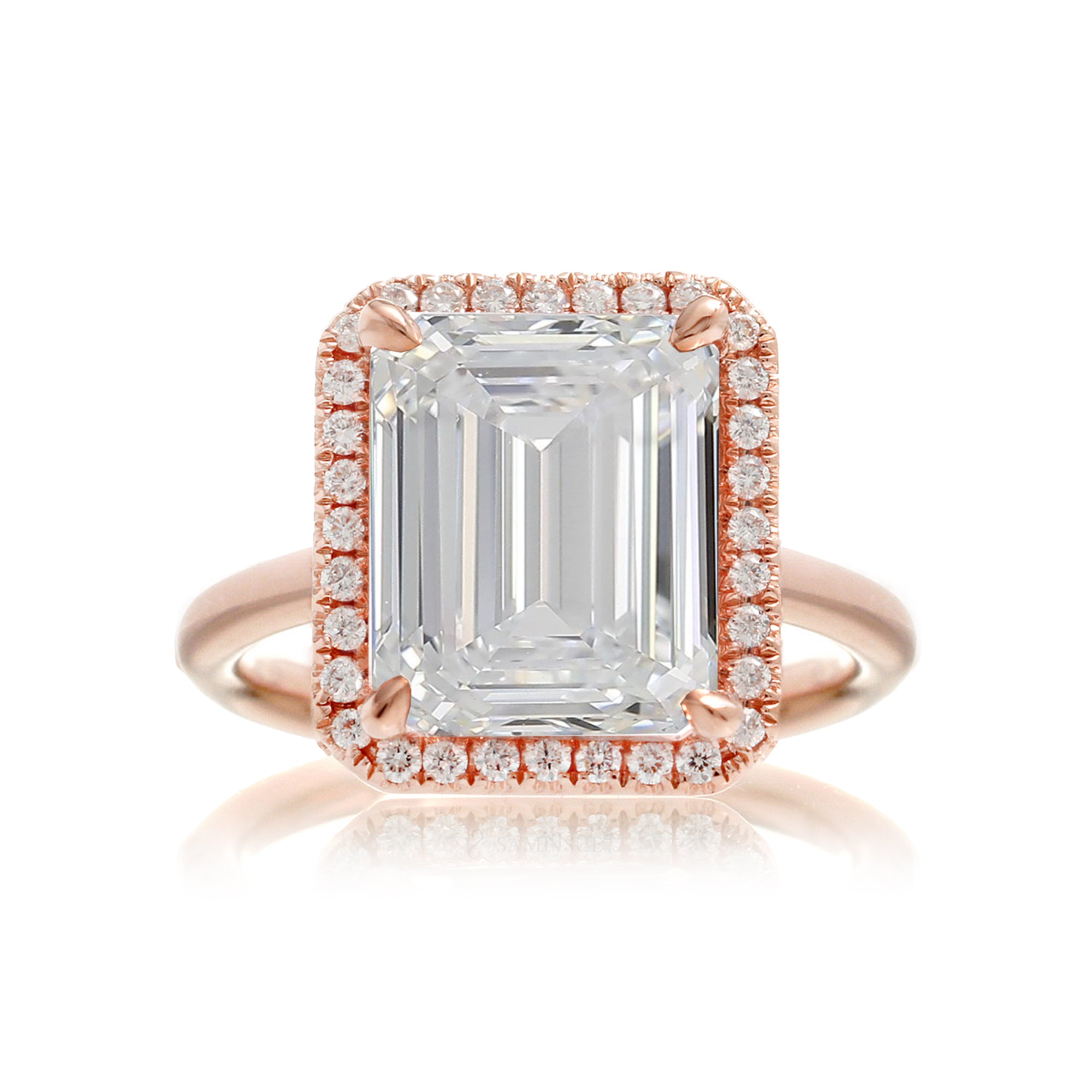 Emerald cut diamond engagement ring with halo the Drenched rose gold solid band
