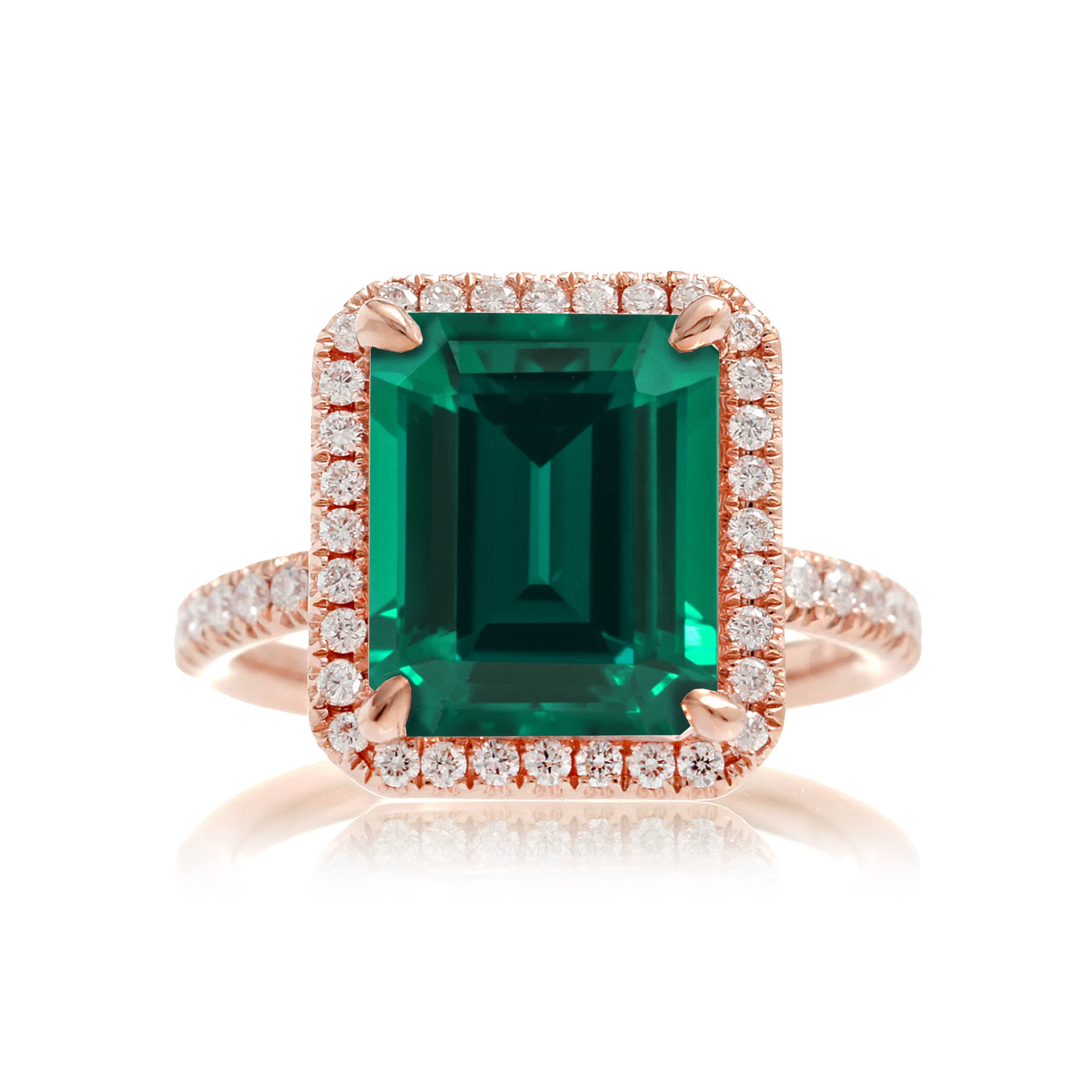 Green emerald engagement ring with emerald cut center stone diamond halo the Drenched rose gold