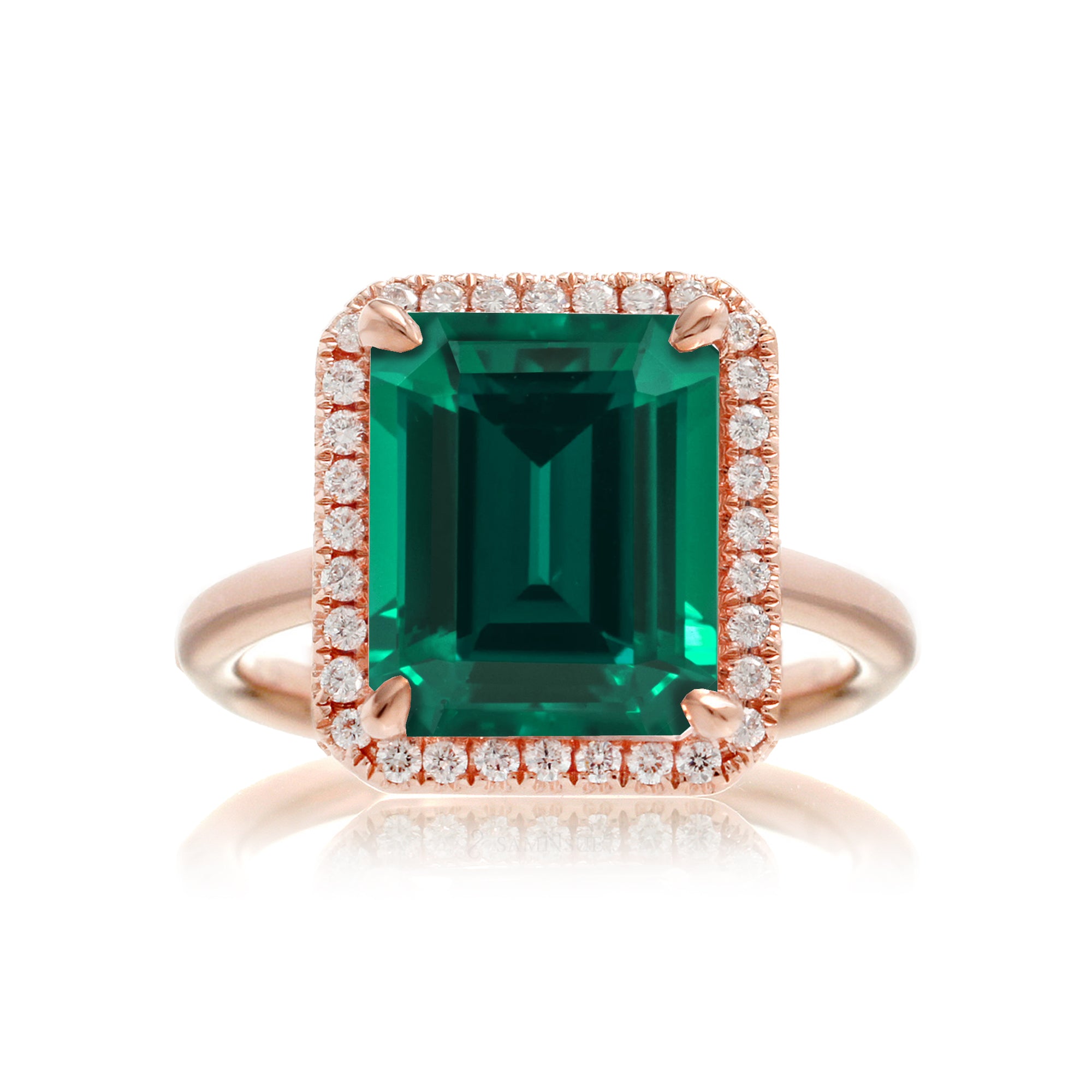 Green emerald engagement ring with emerald cut center stone diamond halo the Drenched rose gold solid band