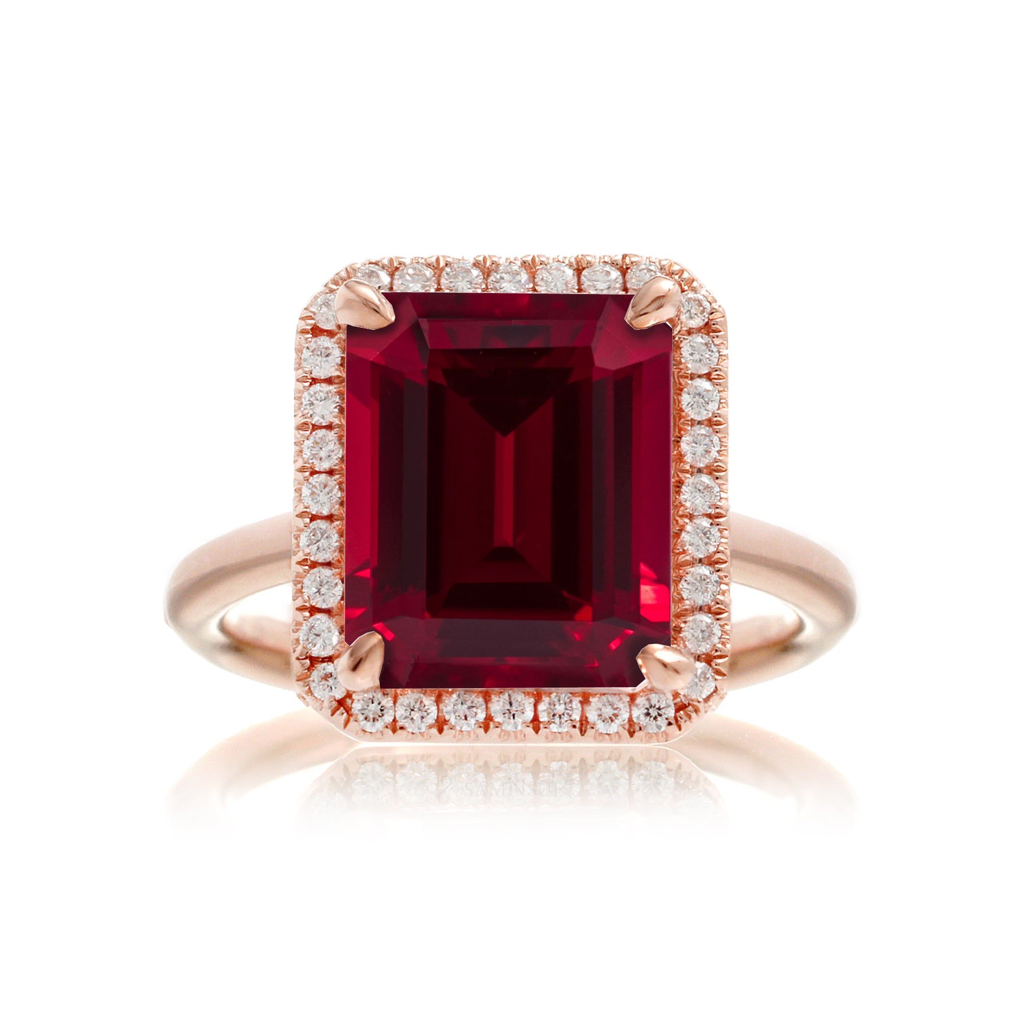 Ruby engagement ring diamond halo the Drenched emerald cut rose gold solid band