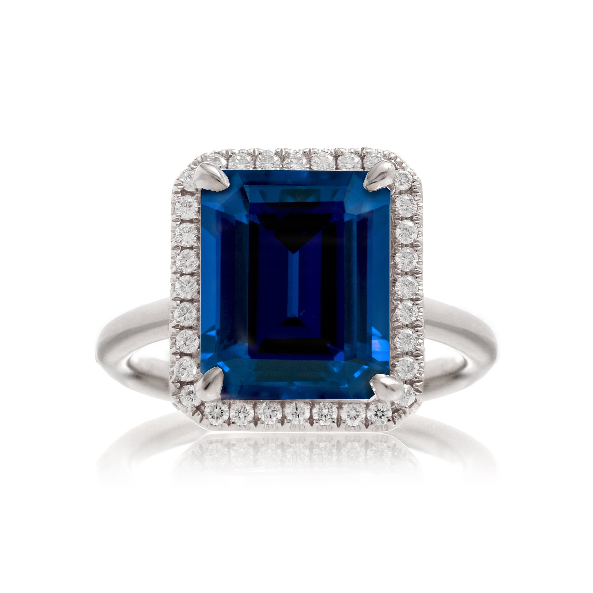 Emerald cut blue sapphire engagement ring diamond halo the Drenched white gold solid band