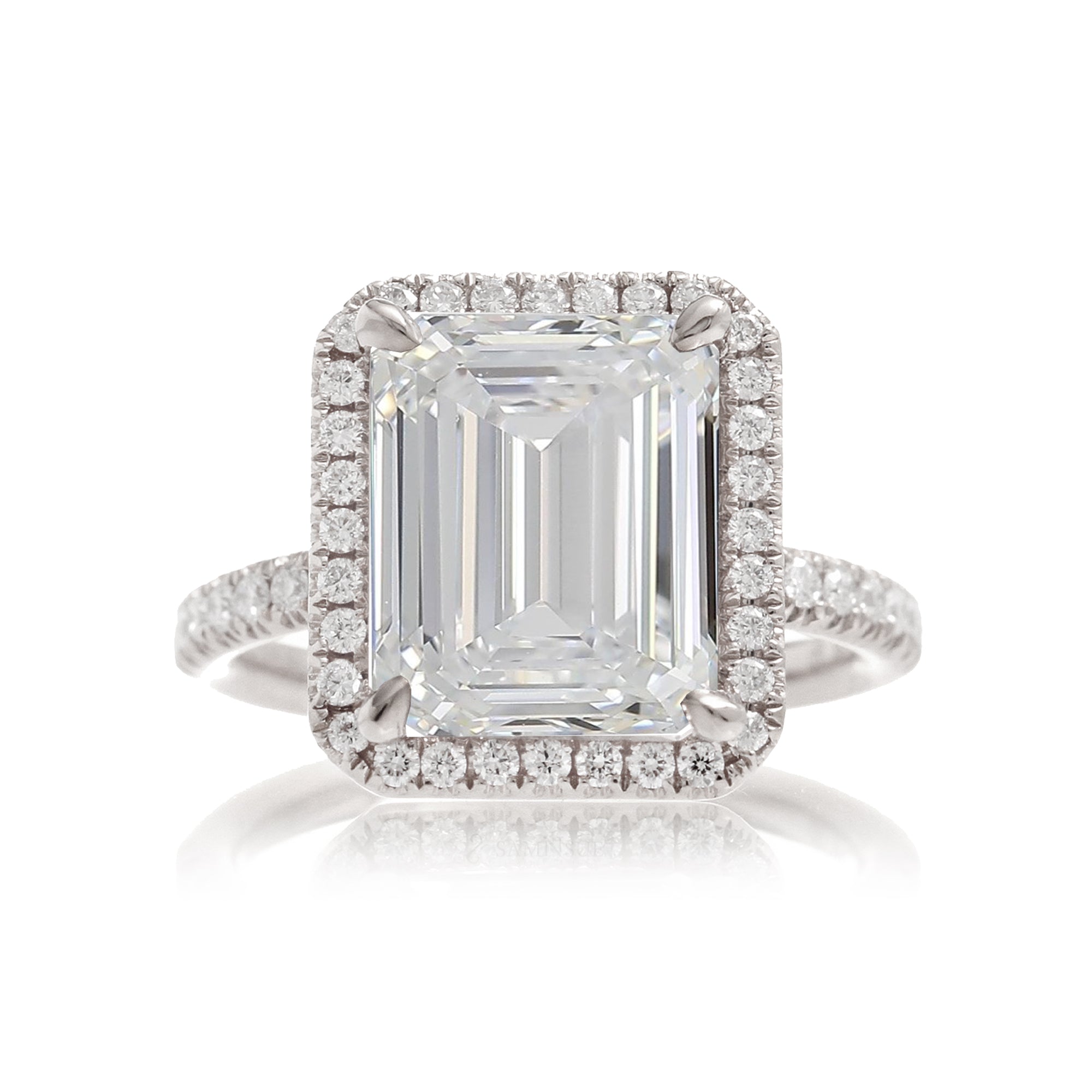 Emerald cut diamond engagement ring with halo the Drenched white gold
