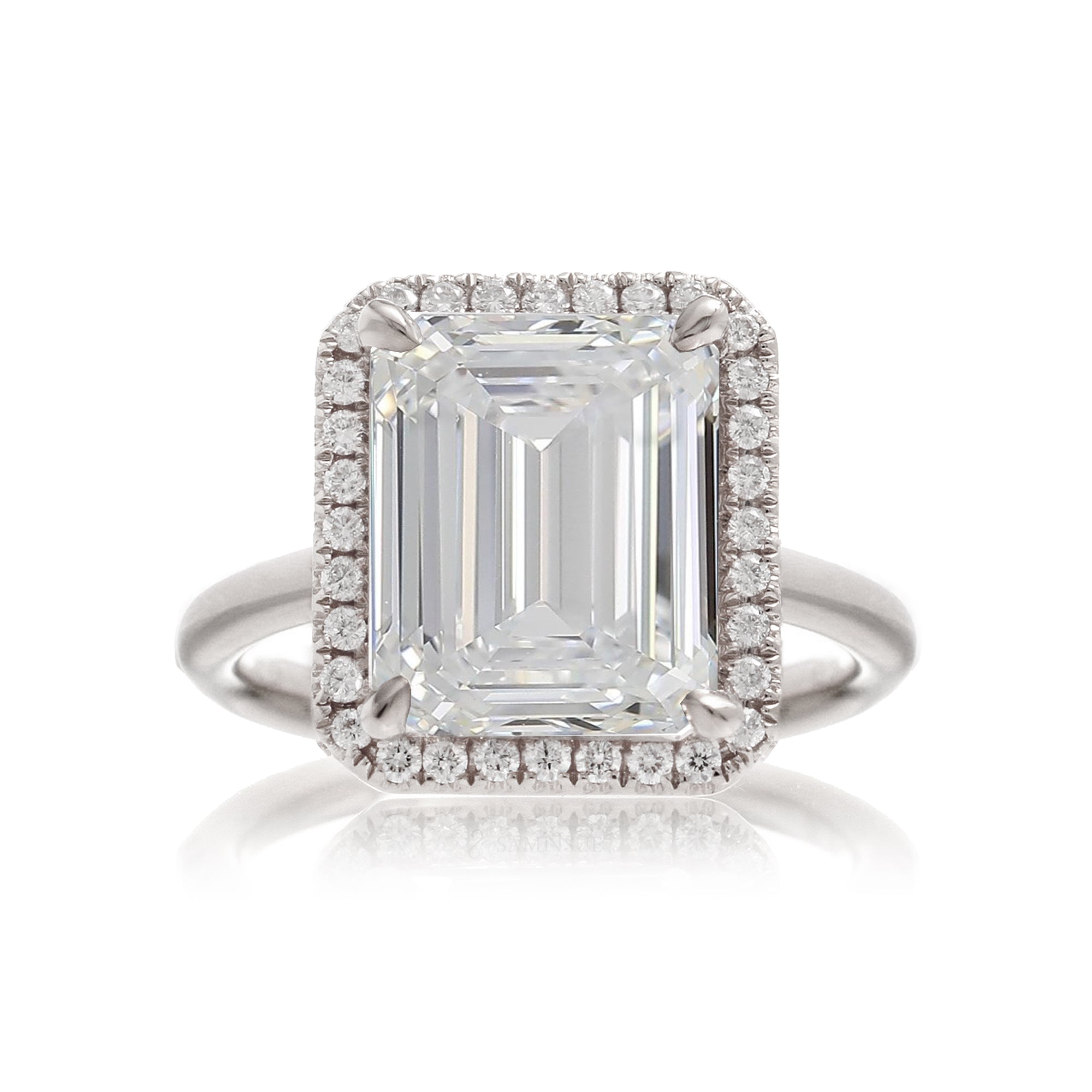 Emerald cut diamond engagement ring with halo the Drenched white gold solid band