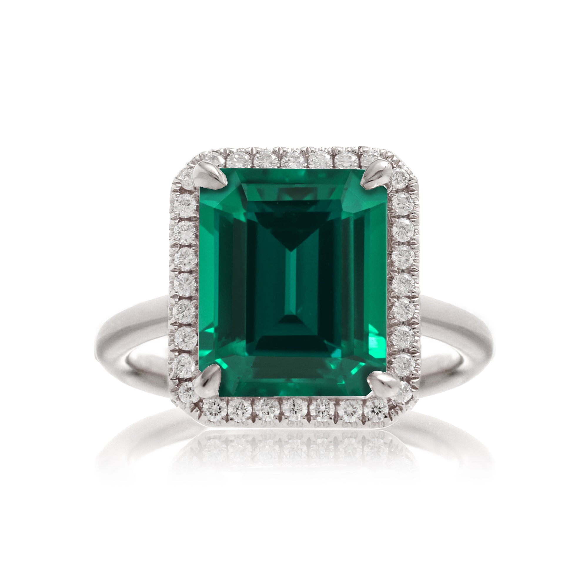 Green emerald engagement ring with emerald cut center stone diamond halo the Drenched white gold solid band