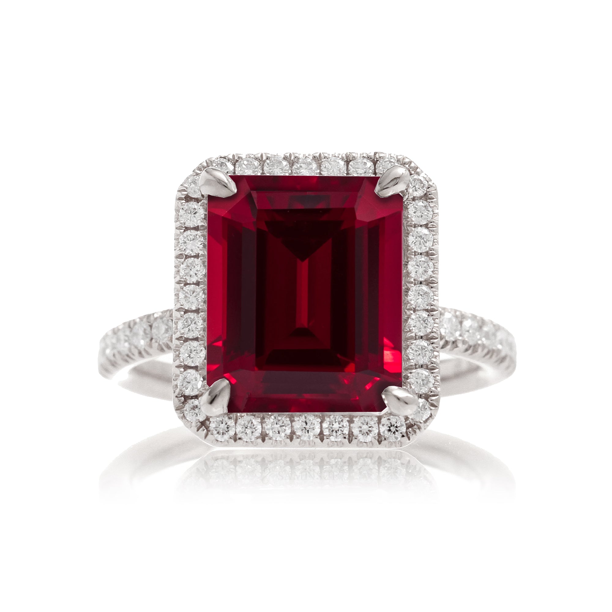 Ruby engagement ring diamond halo the Drenched emerald cut white gold