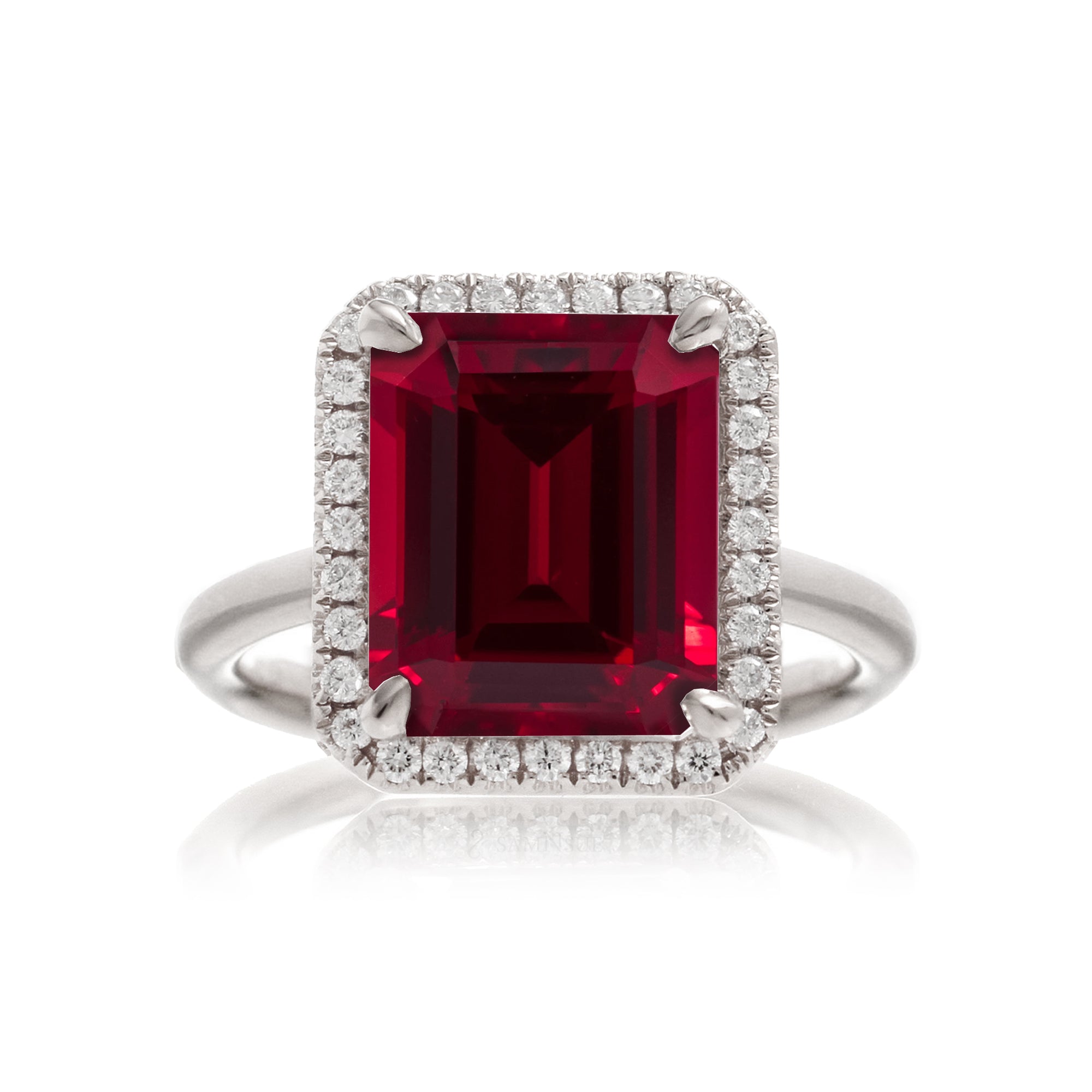 Ruby engagement ring diamond halo the Drenched emerald cut white gold solid band