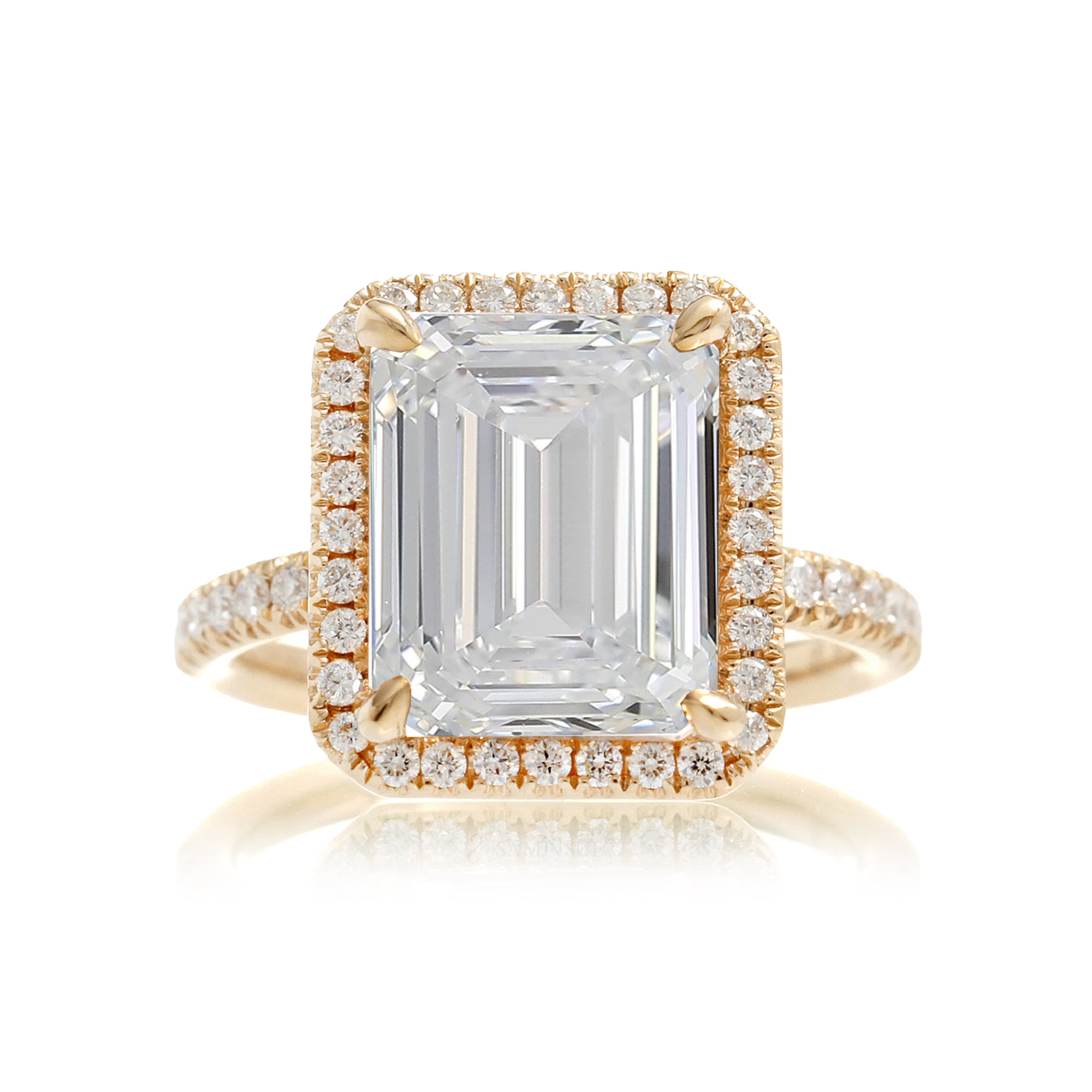 Emerald cut diamond engagement ring with halo the Drenched yellow gold