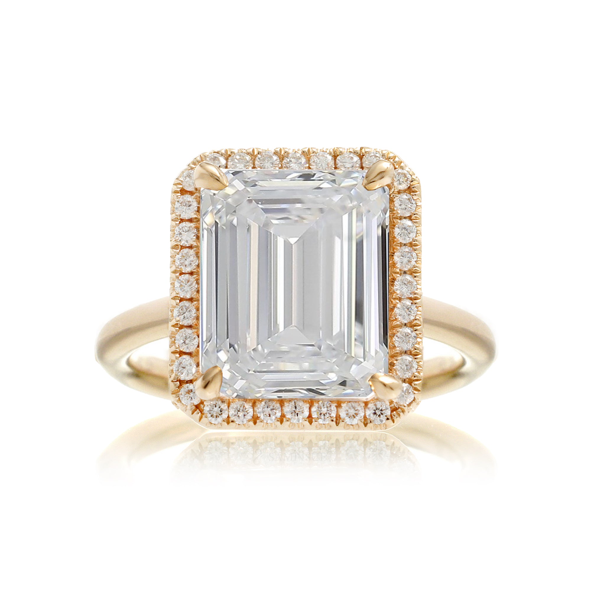 Emerald cut diamond engagement ring with halo the Drenched yellow gold solid band