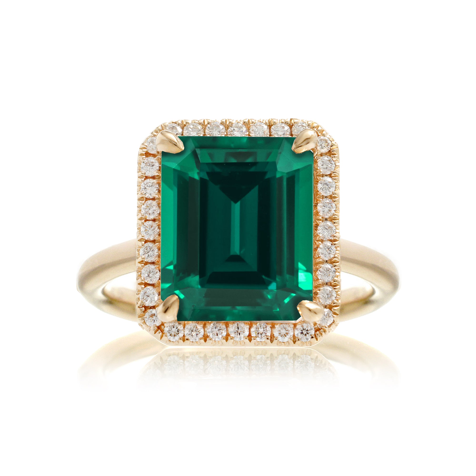 Green emerald engagement ring with emerald cut center stone diamond halo the Drenched yellow gold solid band