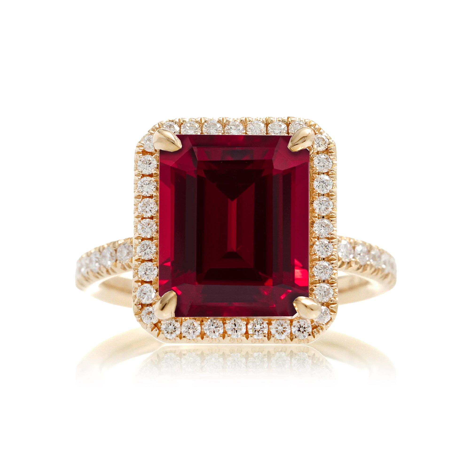 Ruby engagement ring diamond halo the Drenched emerald cut yellow gold