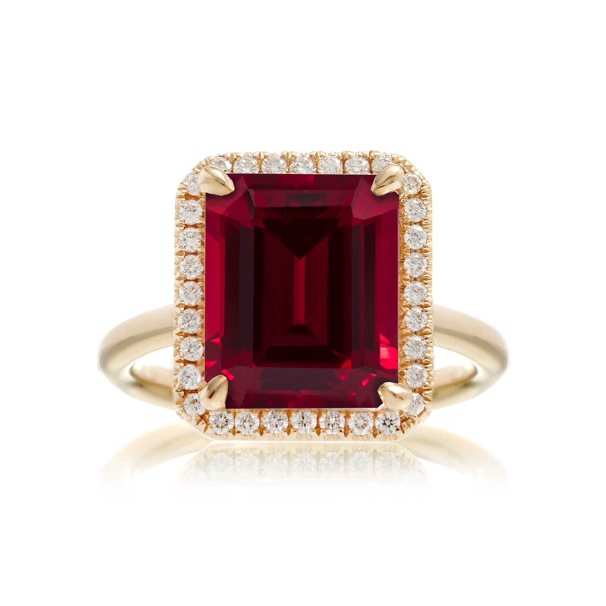 Ruby engagement ring diamond halo the Drenched emerald cut yellow gold solid band