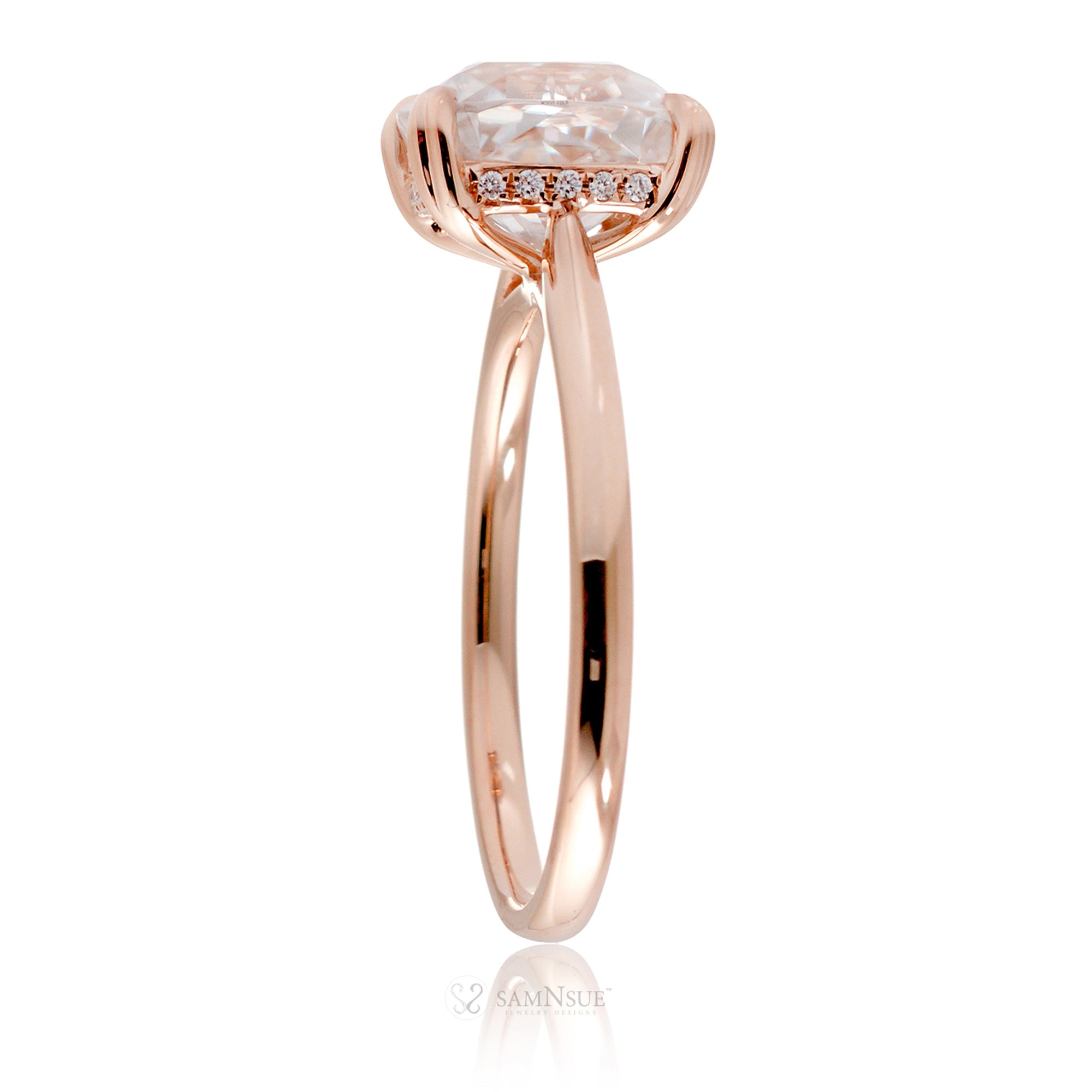 Cushion moissanite solitaire engagement ring in rose gold and solid band