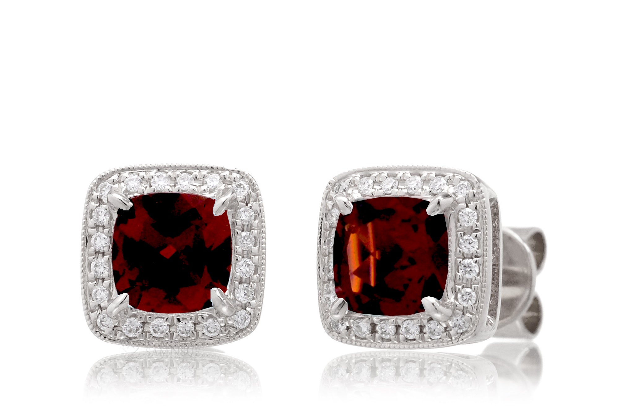 Garnet stud earring cushin cut with diamond halo white gold