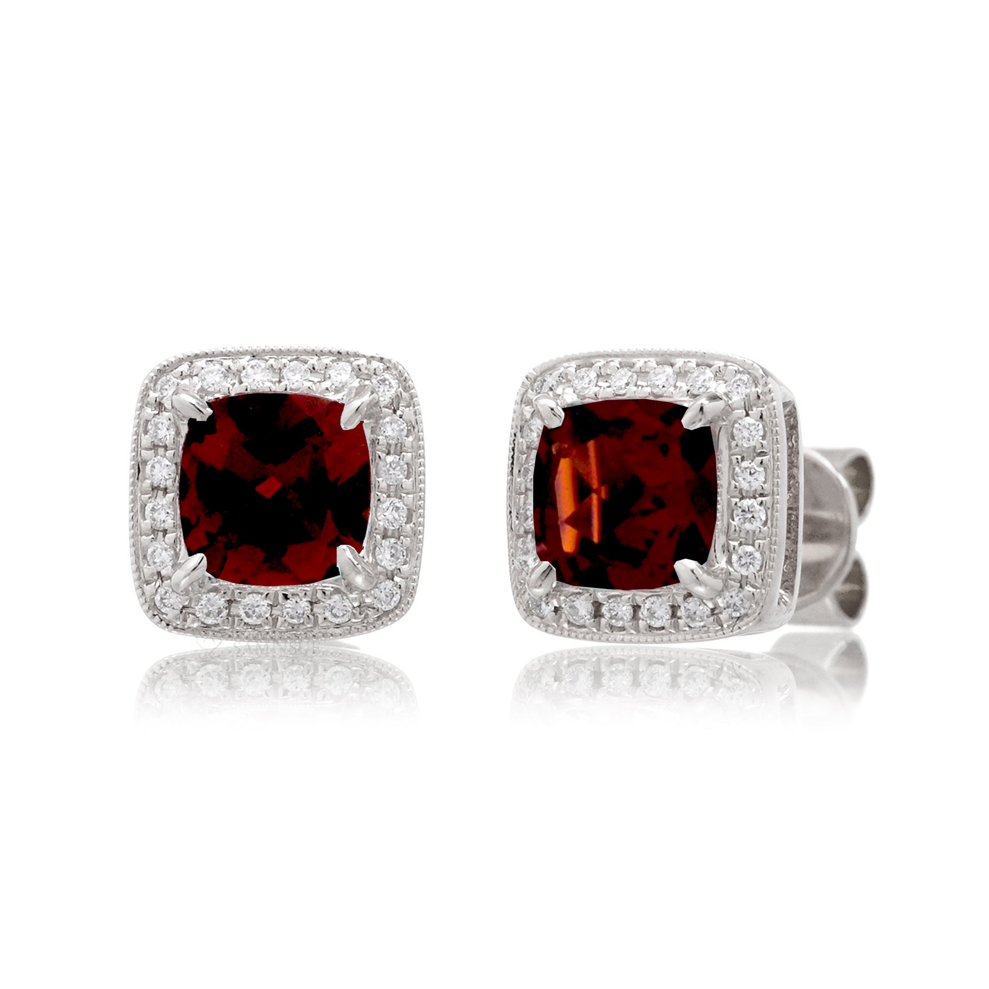 Garnet stud earring cushin cut with diamond halo white gold
