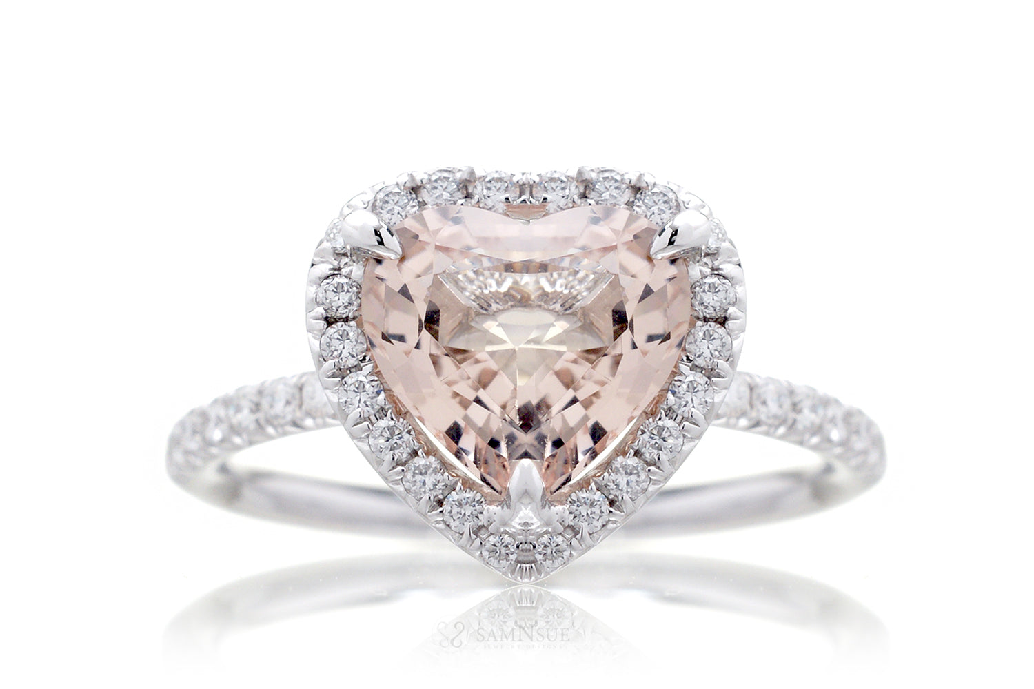 Heart morganite diamond halo engagement ring in white gold