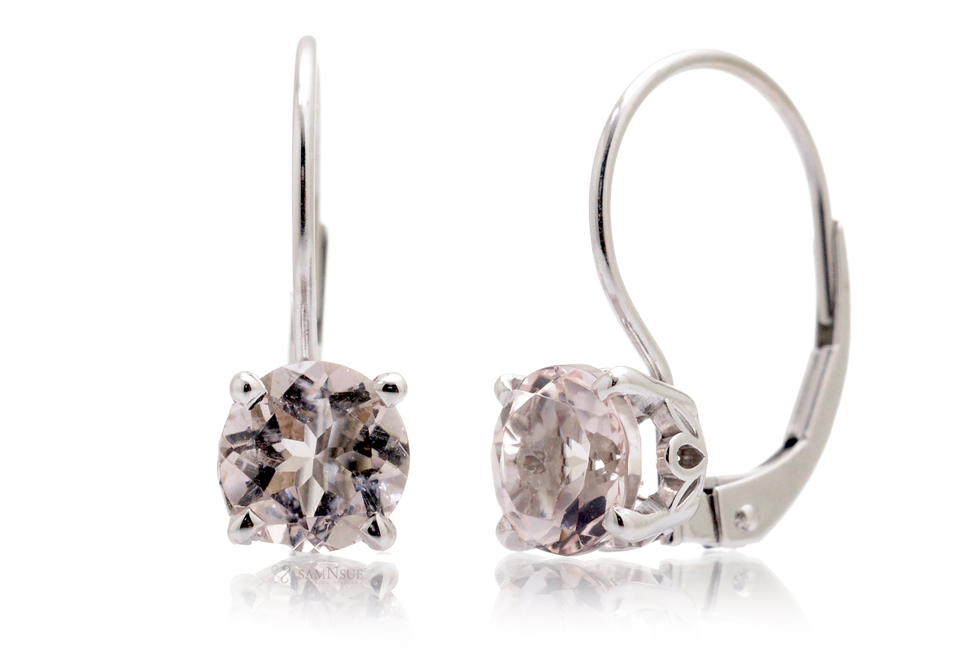Pink Morganite Earrings Lever Backs 6mm Round In White Gold