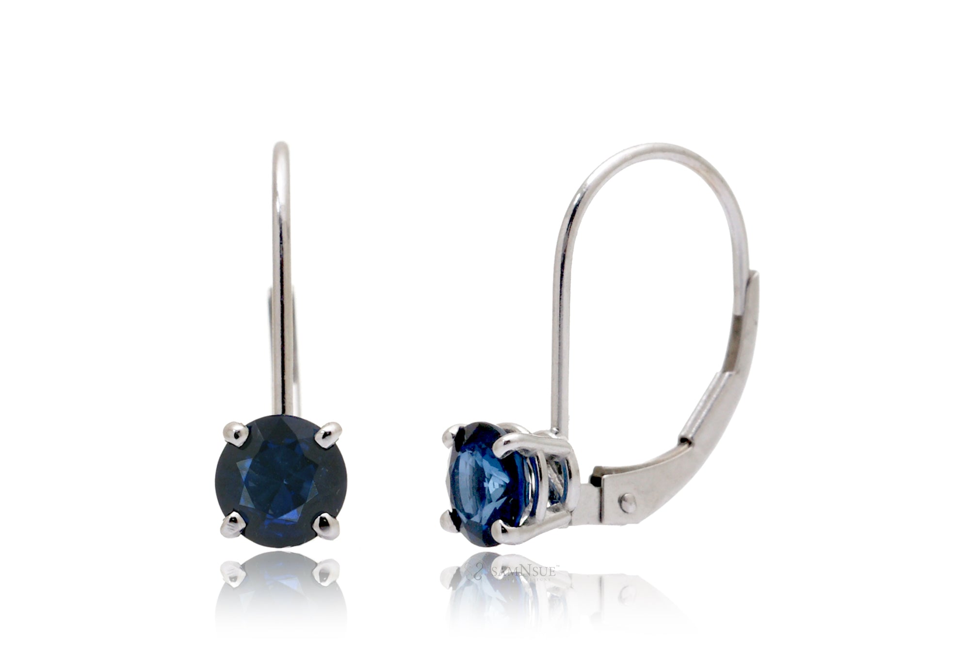 Sapphire Dangle Earrings Ceylon Blue Round Shape Genuine 5mm