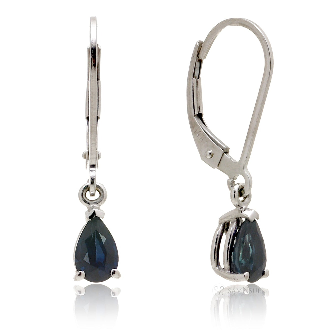 Pear blue sapphire teardrop dangle earrings in white gold