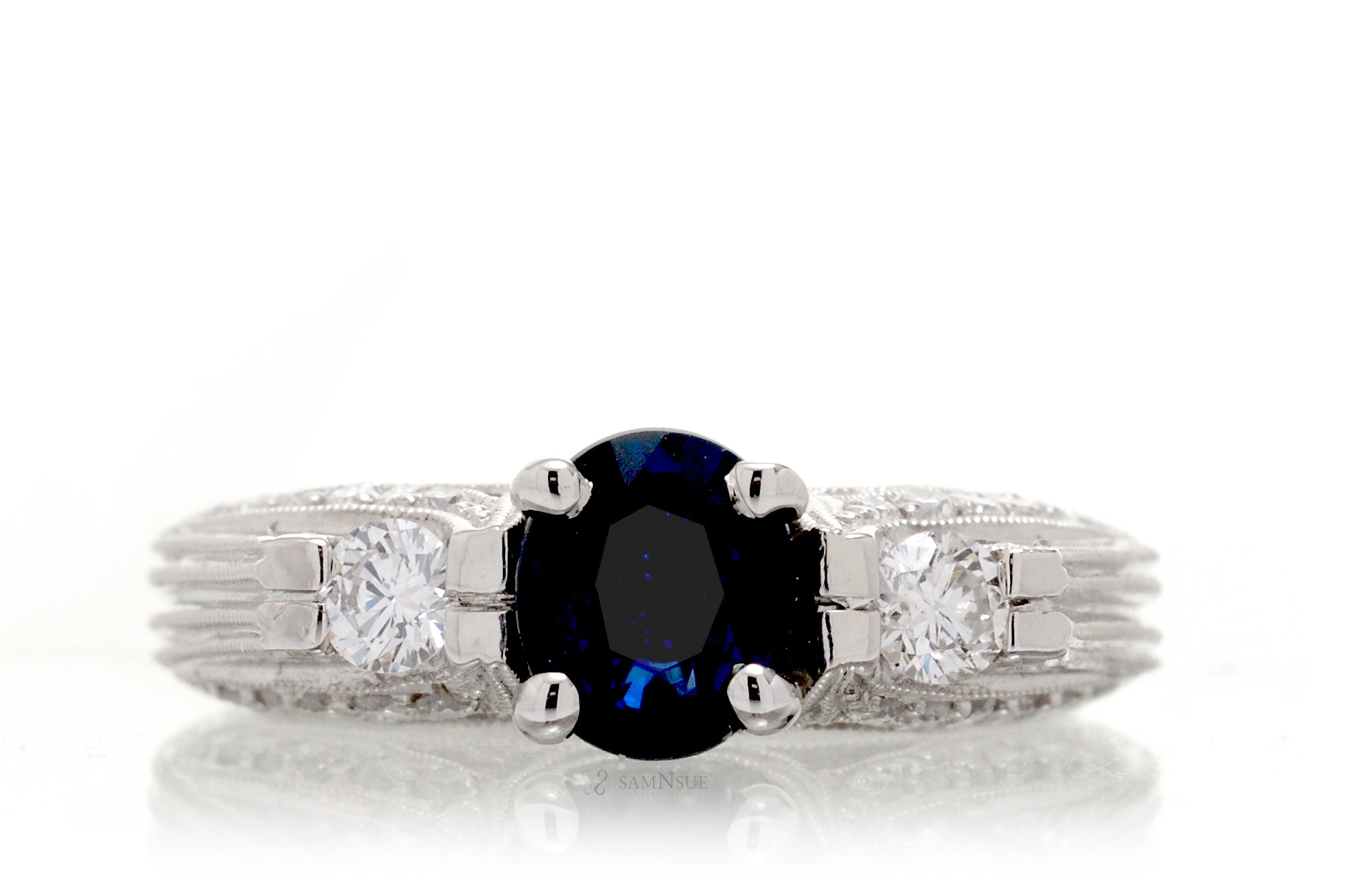 Hand Carved Vintage Style Oval Blue Sapphire Diamond Three Stone