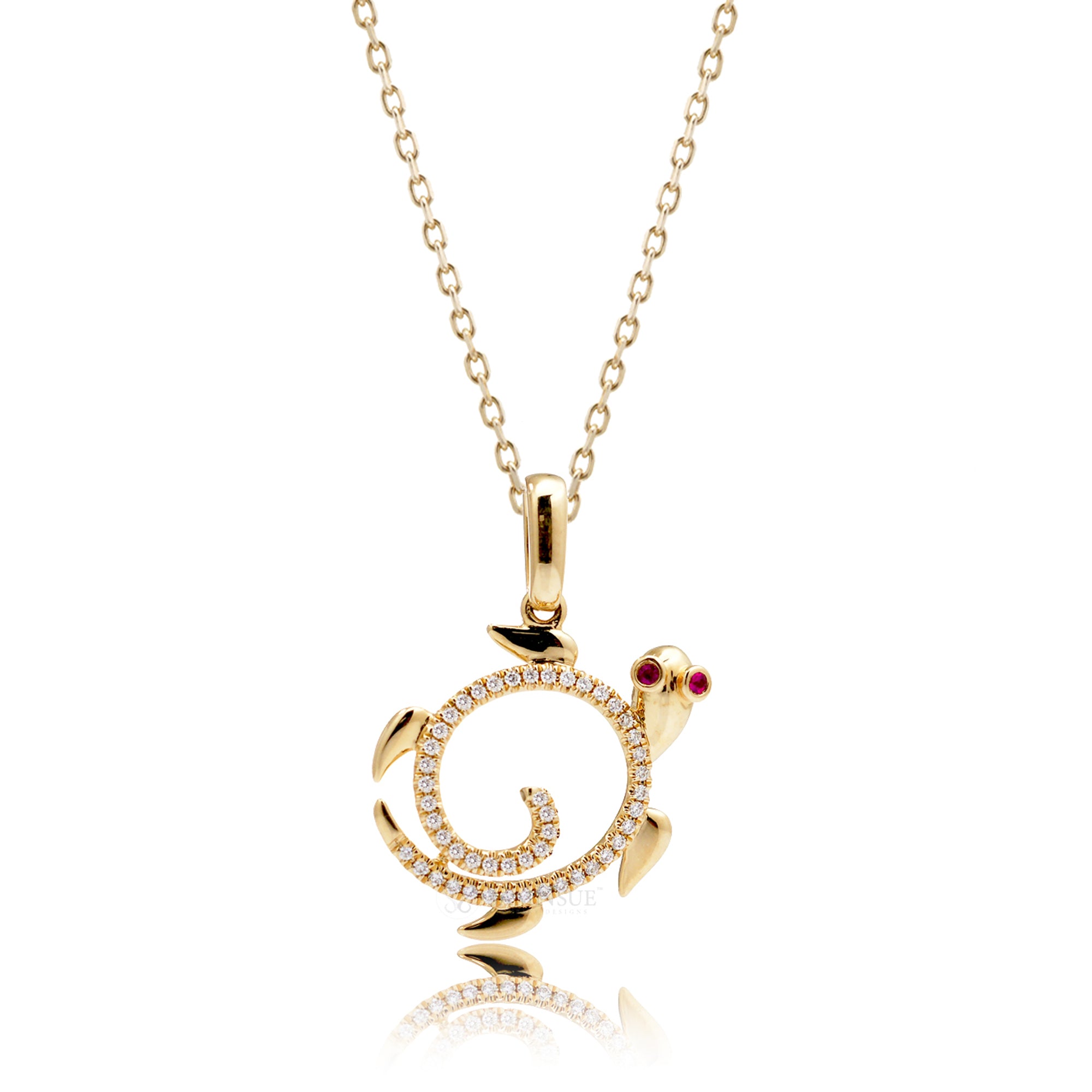Swirl wave diamond turtle pendant necklace in yellow gold with ruby eyes