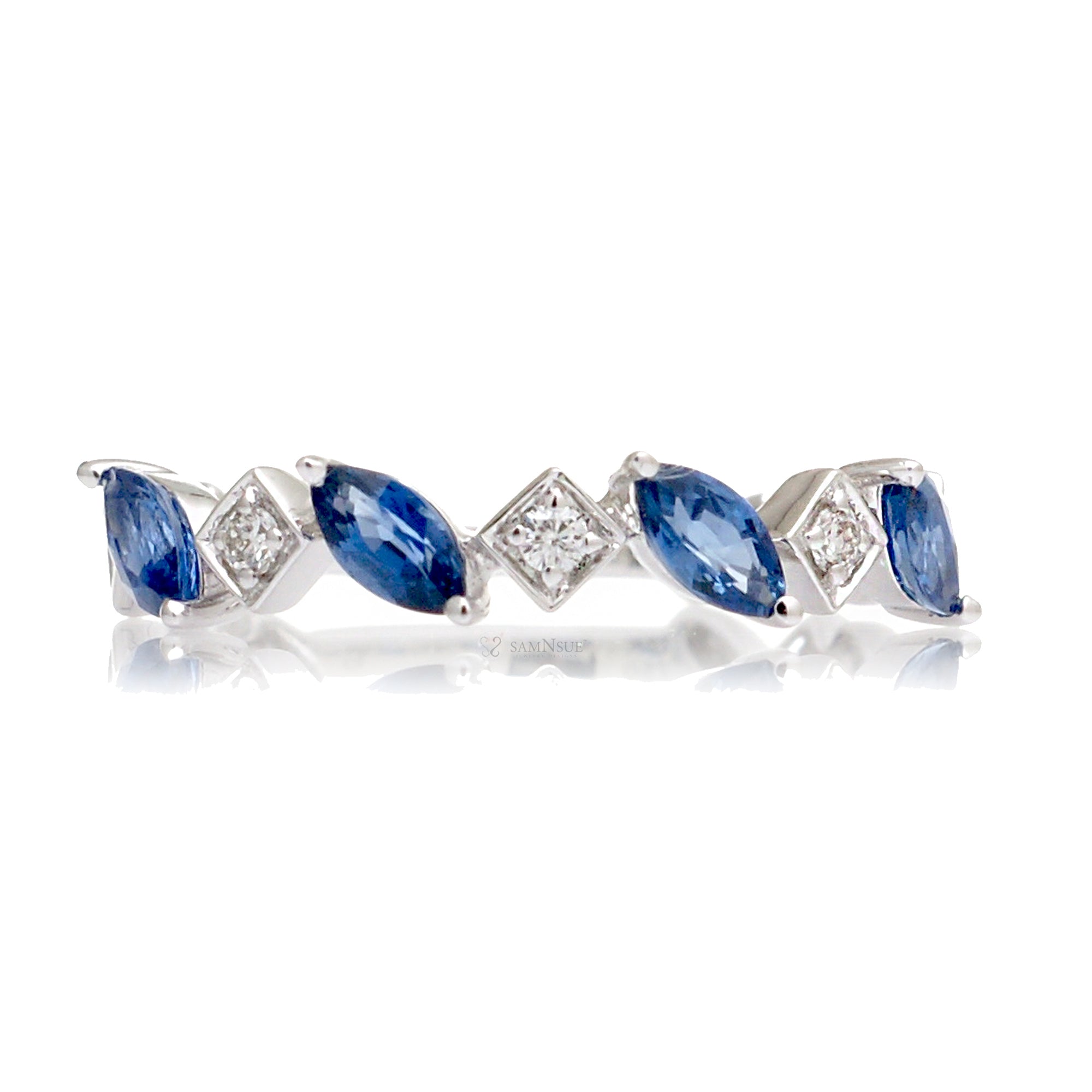 Marquise sapphire and diamond band in white gold