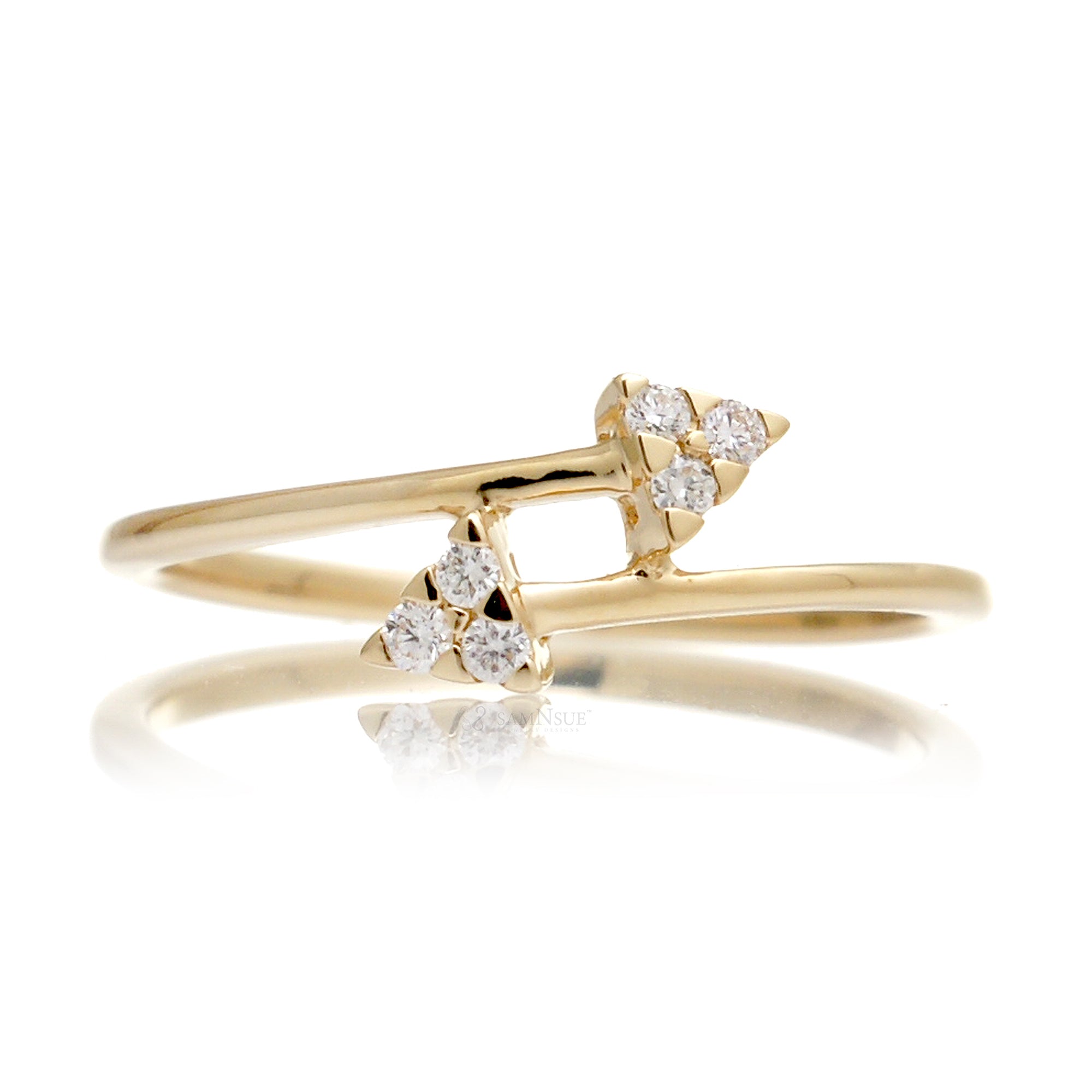Diamond triangle bypass ring in yellow gold