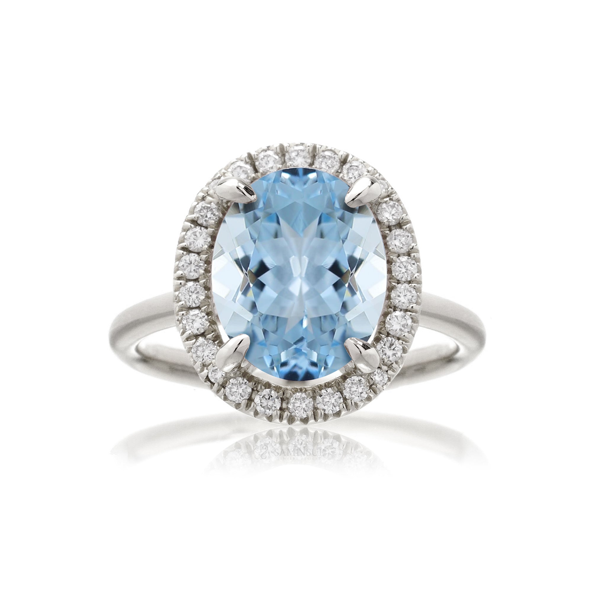 Oval aquamarine engagement ring with diamond halo the Drenched white gold solid band