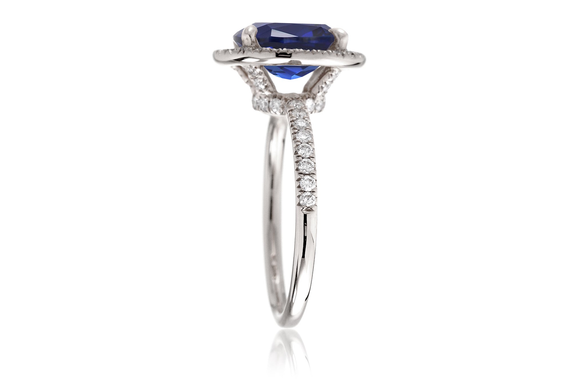 Oval sapphire diamond halo and band wedding rings white gold