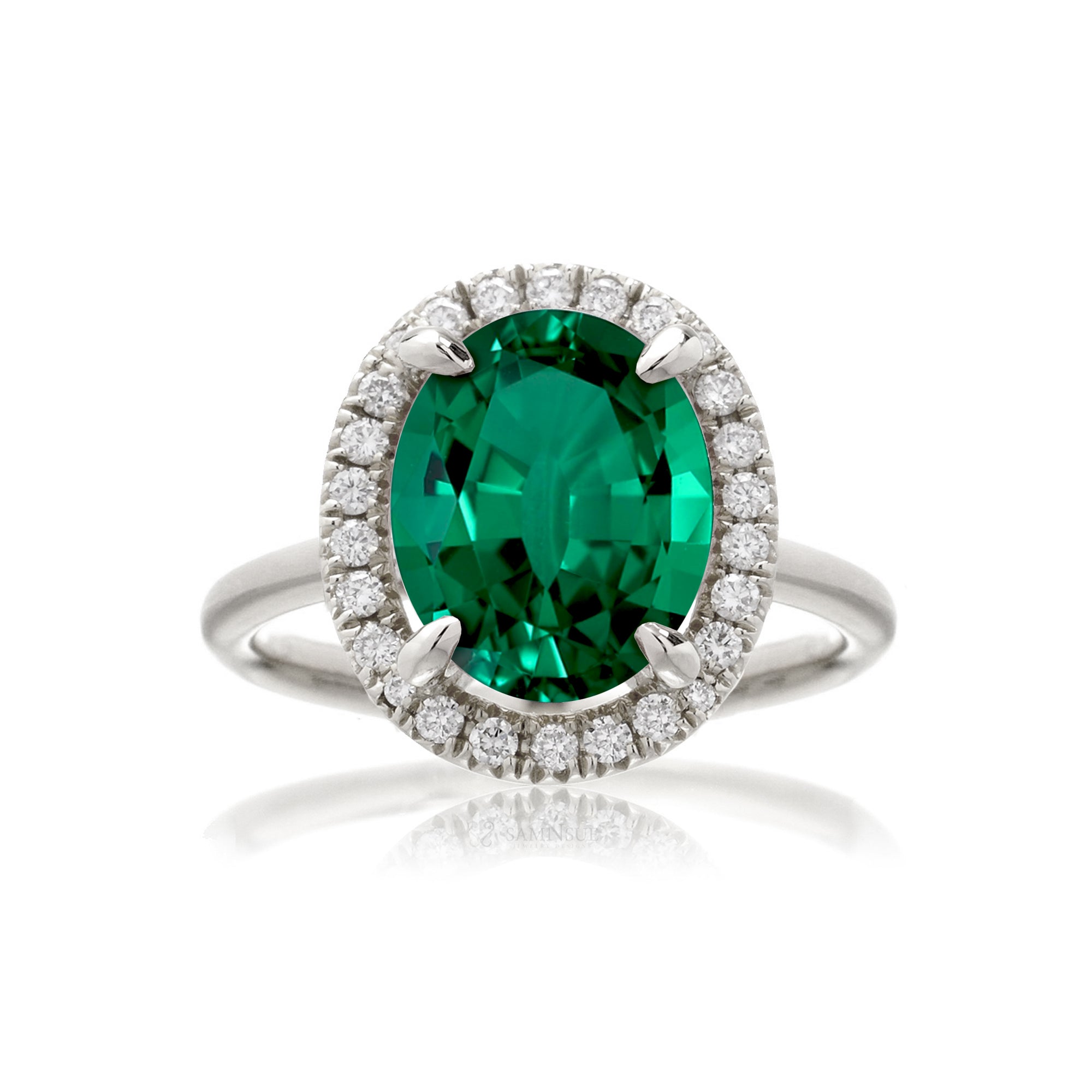 Oval cut emerald engagement ring with diamond halo the Drenched white gold solid band