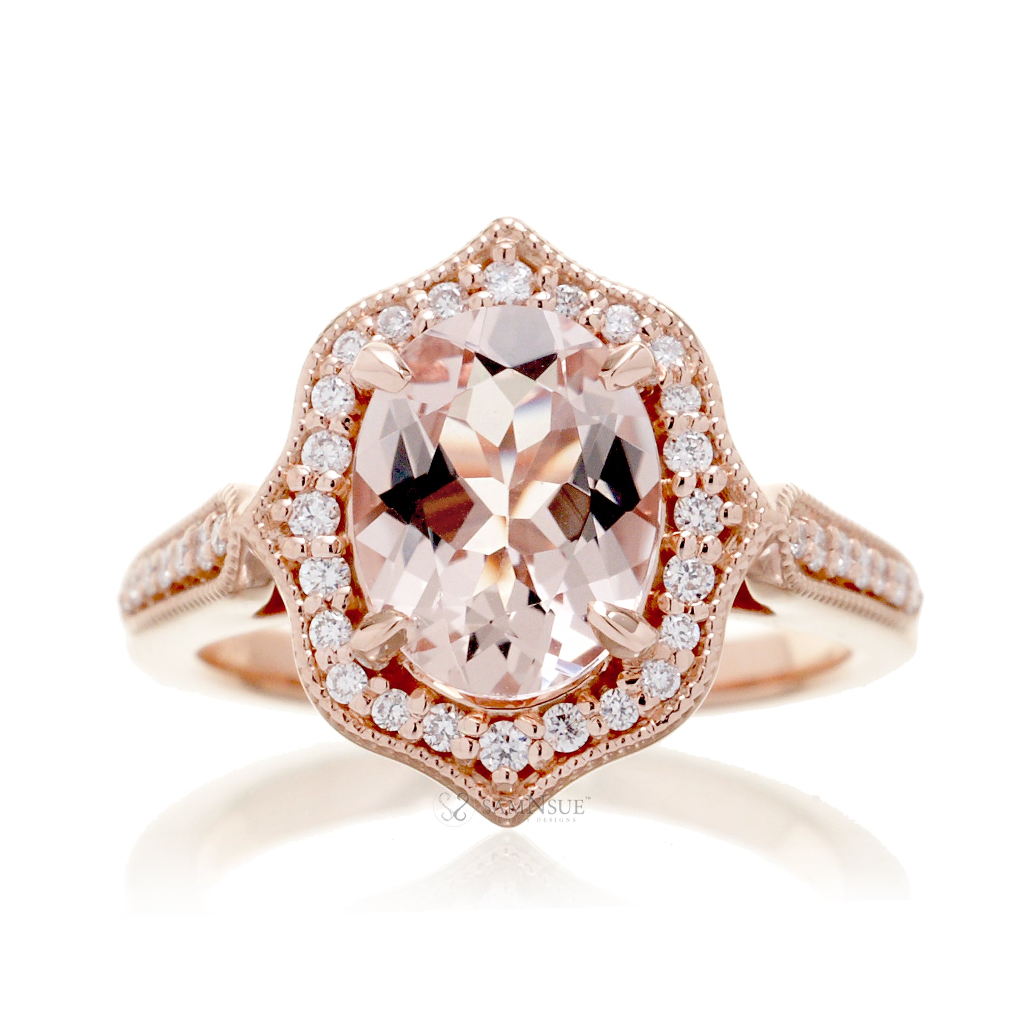 Art Deco Inspired Oval Morganite and Diamond Ring in Rose Gold