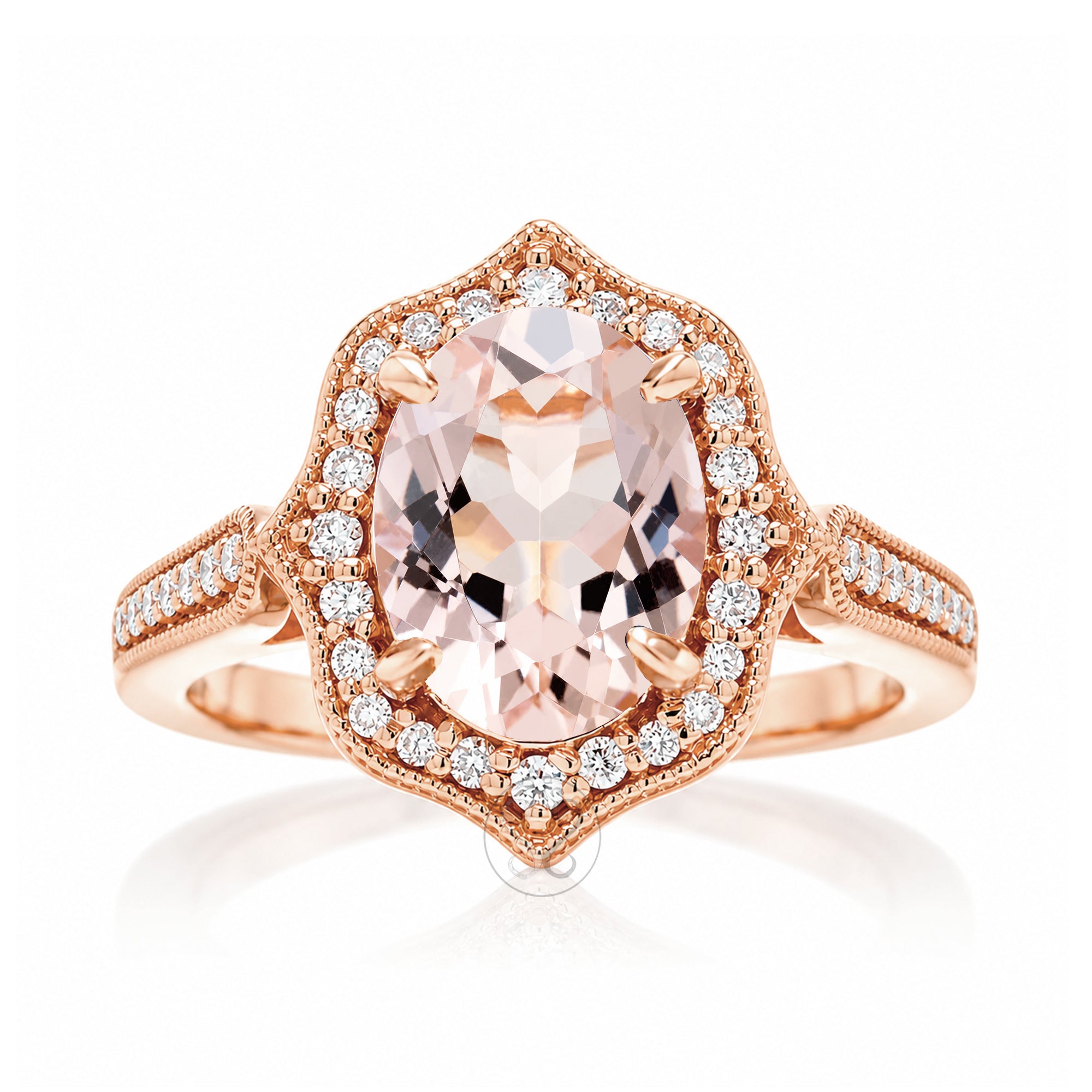 Art Deco Inspired Oval Morganite and Diamond Ring in Rose Gold