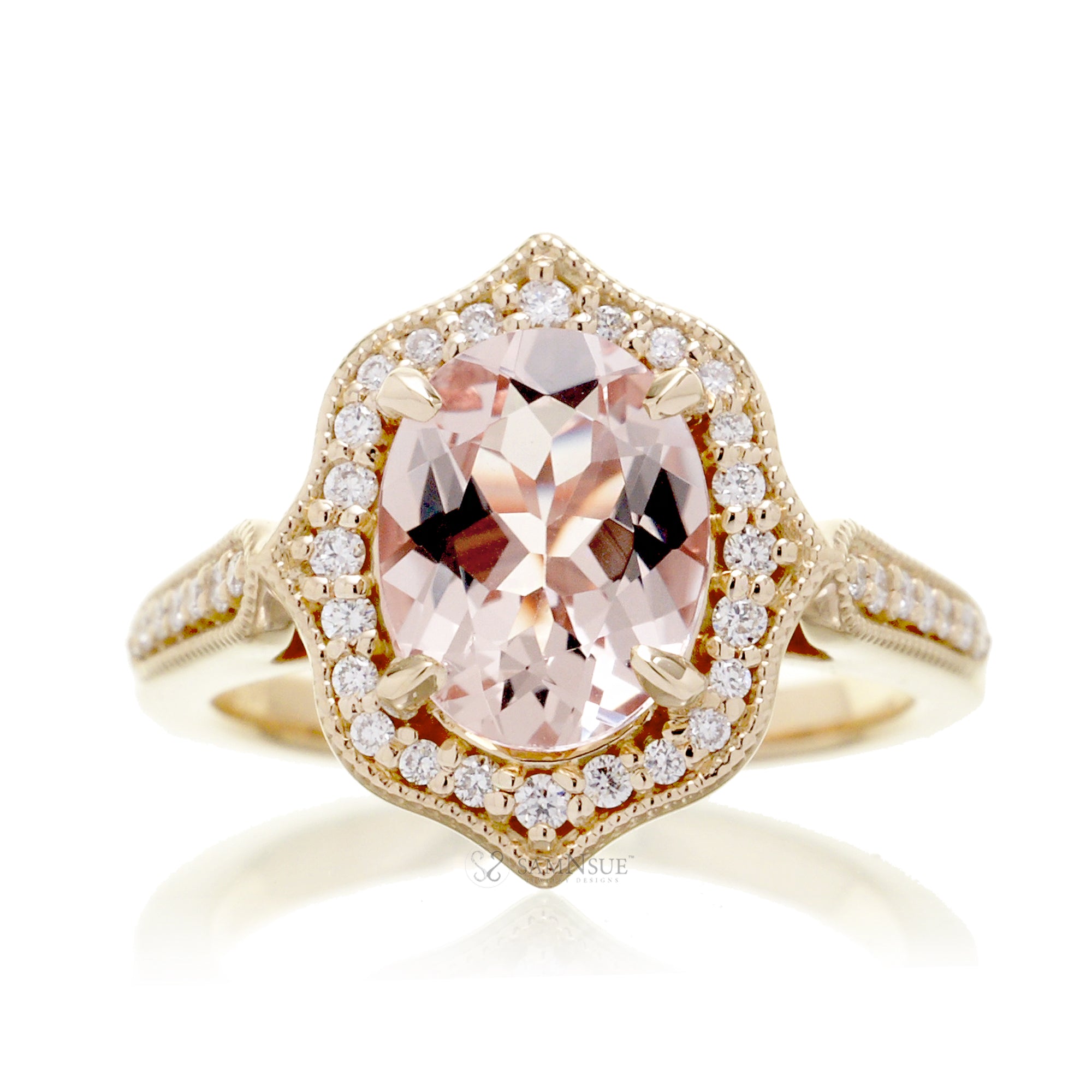Vintage Oval Morganite and Diamond Halo Ring in Yellow Gold