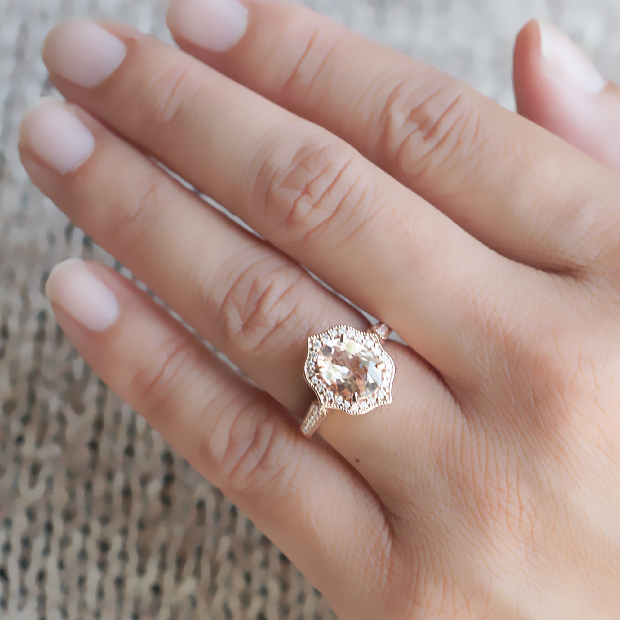 Vintage Oval Morganite and Diamond Halo Ring in Yellow Gold