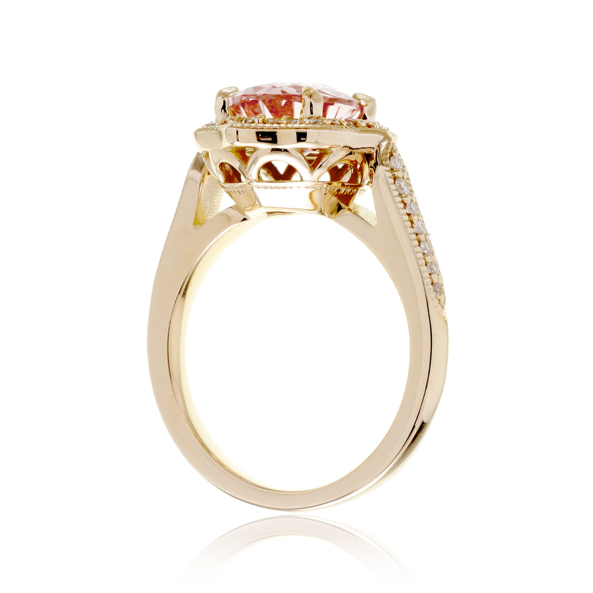 Vintage Oval Morganite and Diamond Halo Ring in Yellow Gold