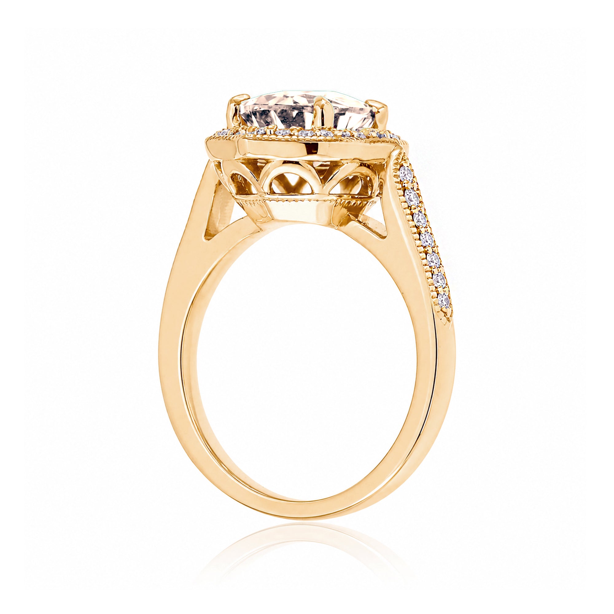 Vintage Oval Morganite and Diamond Halo Ring in Yellow Gold
