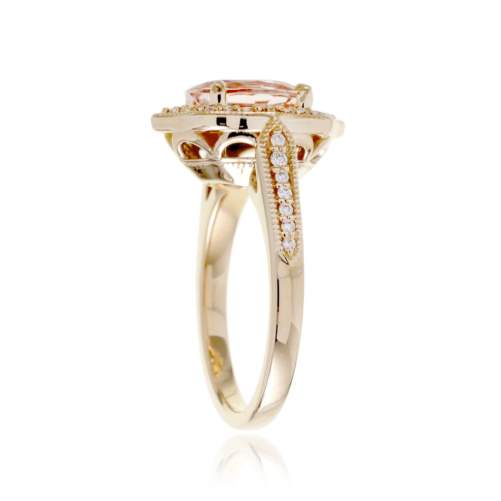 Vintage Oval Morganite and Diamond Halo Ring in Yellow Gold