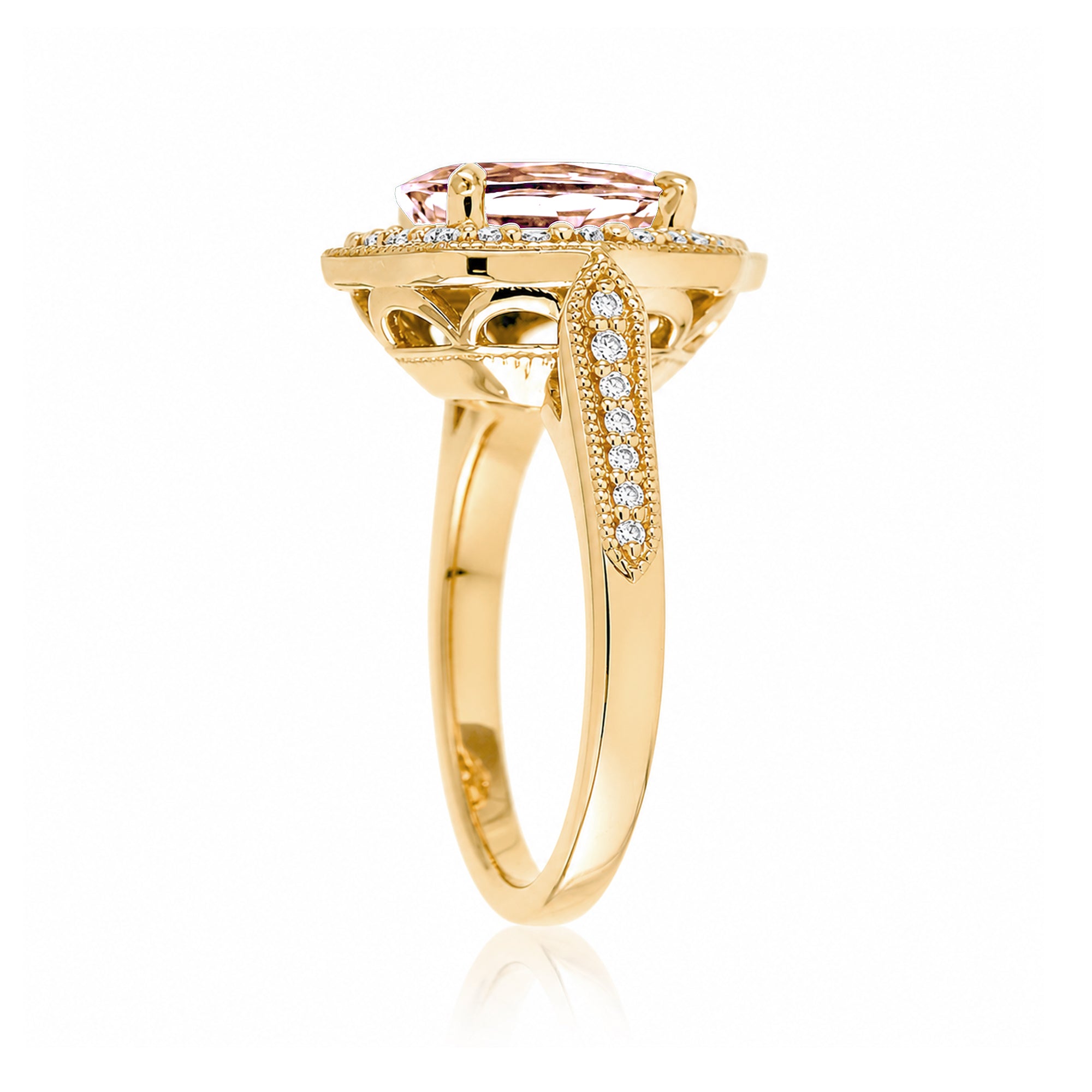 Vintage Oval Morganite and Diamond Halo Ring in Yellow Gold