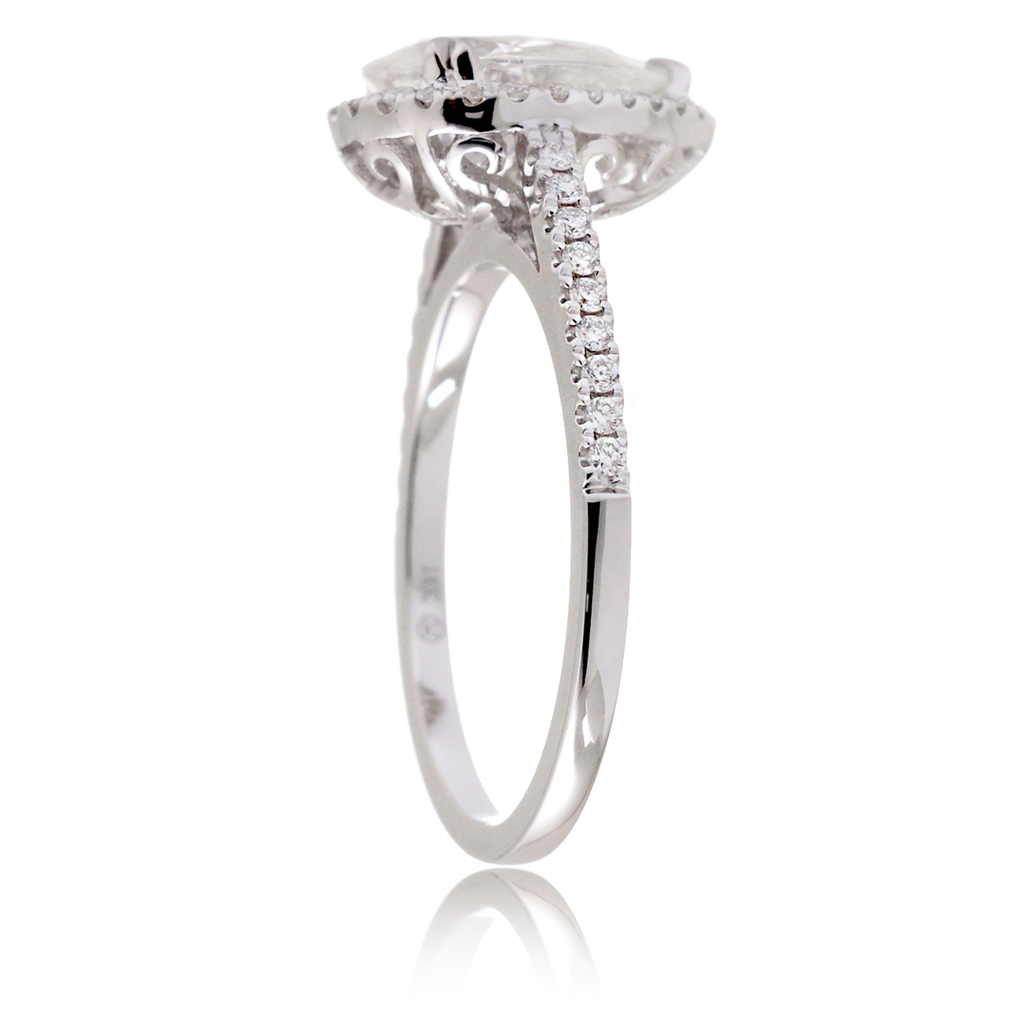 Pear moissanite and diamond halo ring in the signature white gold