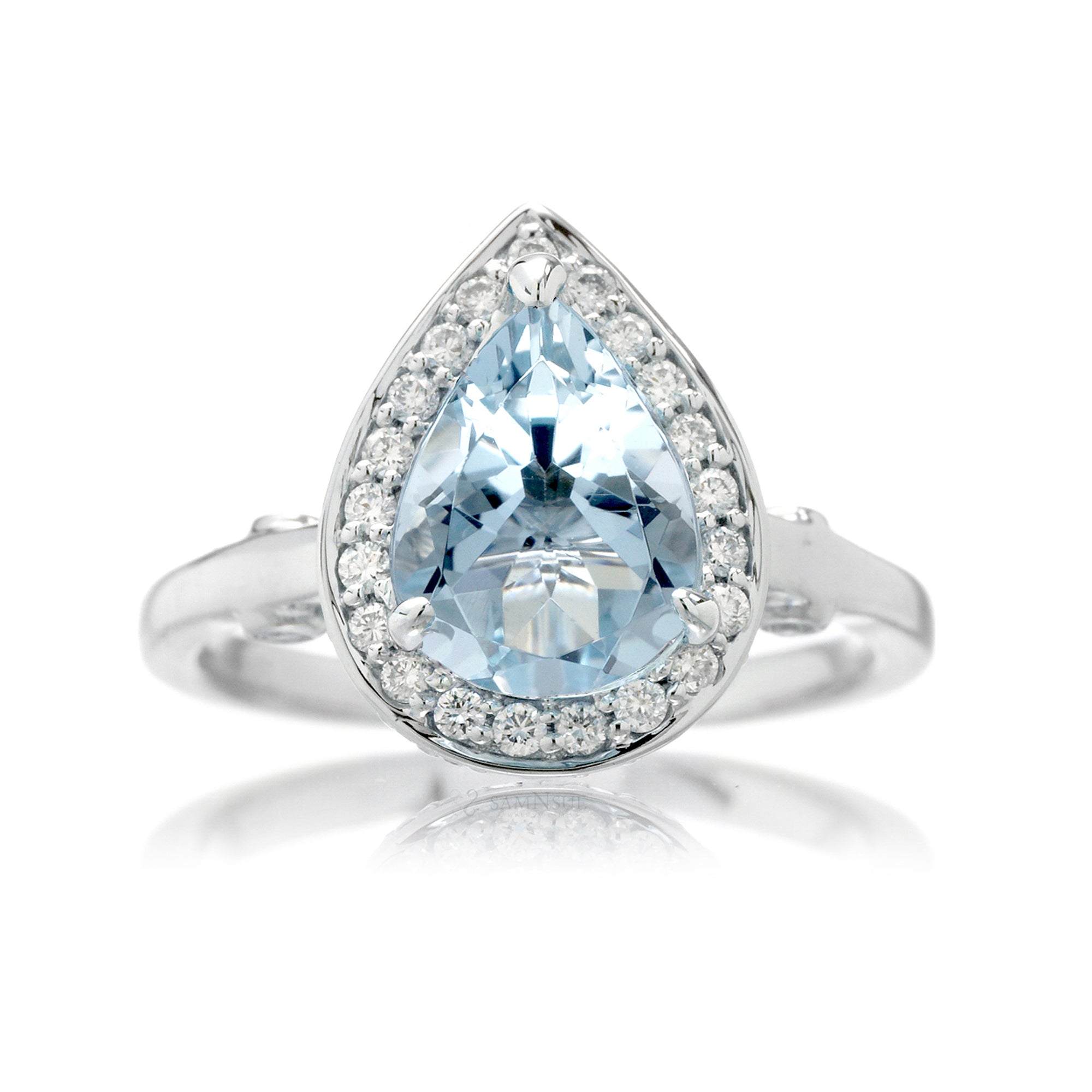 Aquamarine solitaire ring with diamond halo solid band bezel diamond accent in white gold
