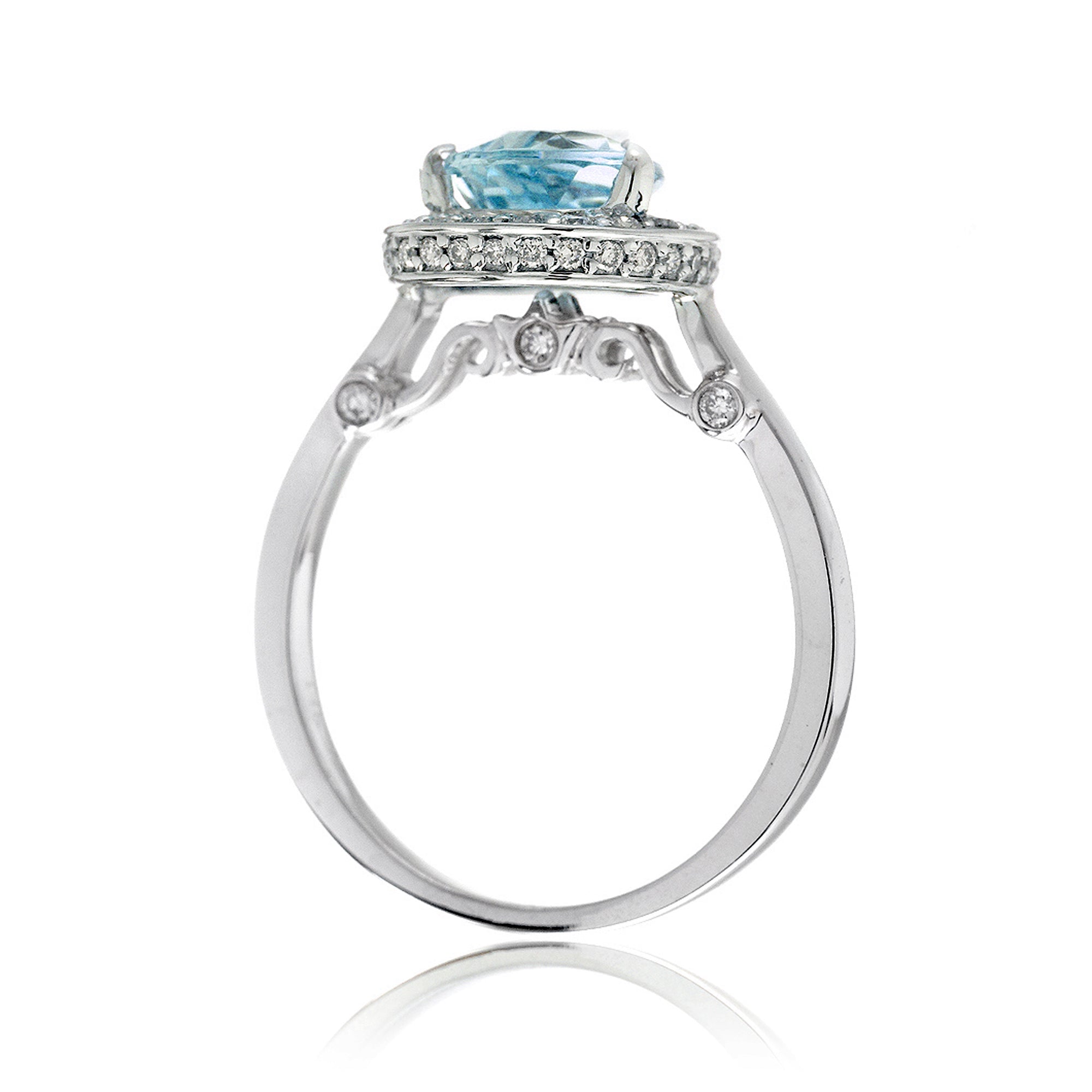 Aquamarine solitaire ring with diamond halo solid band bezel diamond accent in white gold