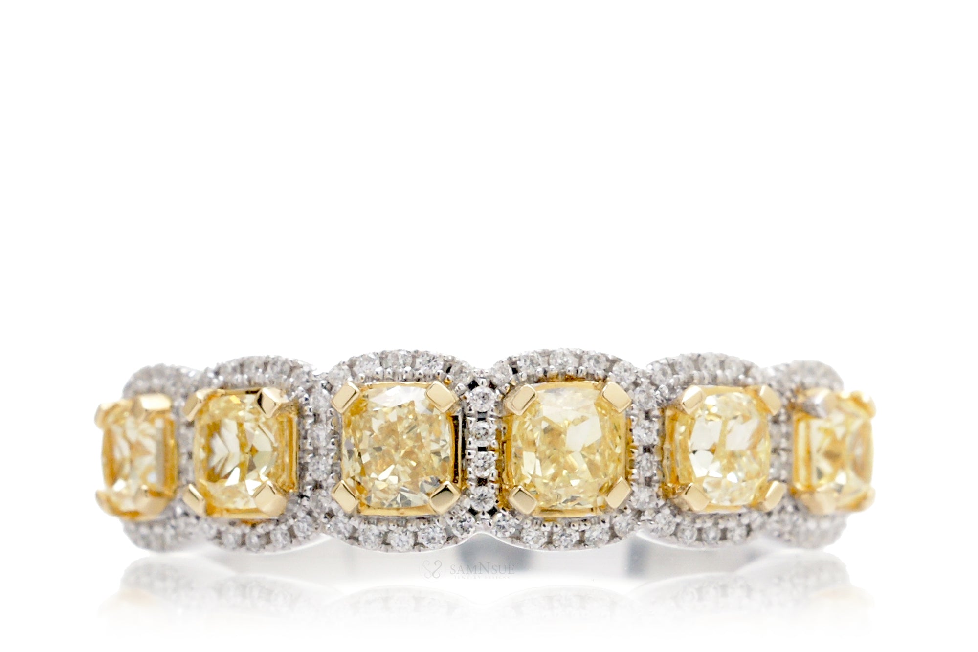 The Penelope six cushion yellow diamond wedding band