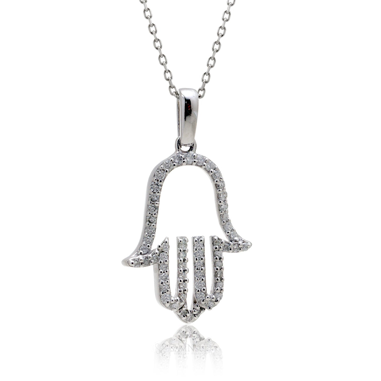 Hamsa Hand Pave Diamond Pendant Necklace In White Gold