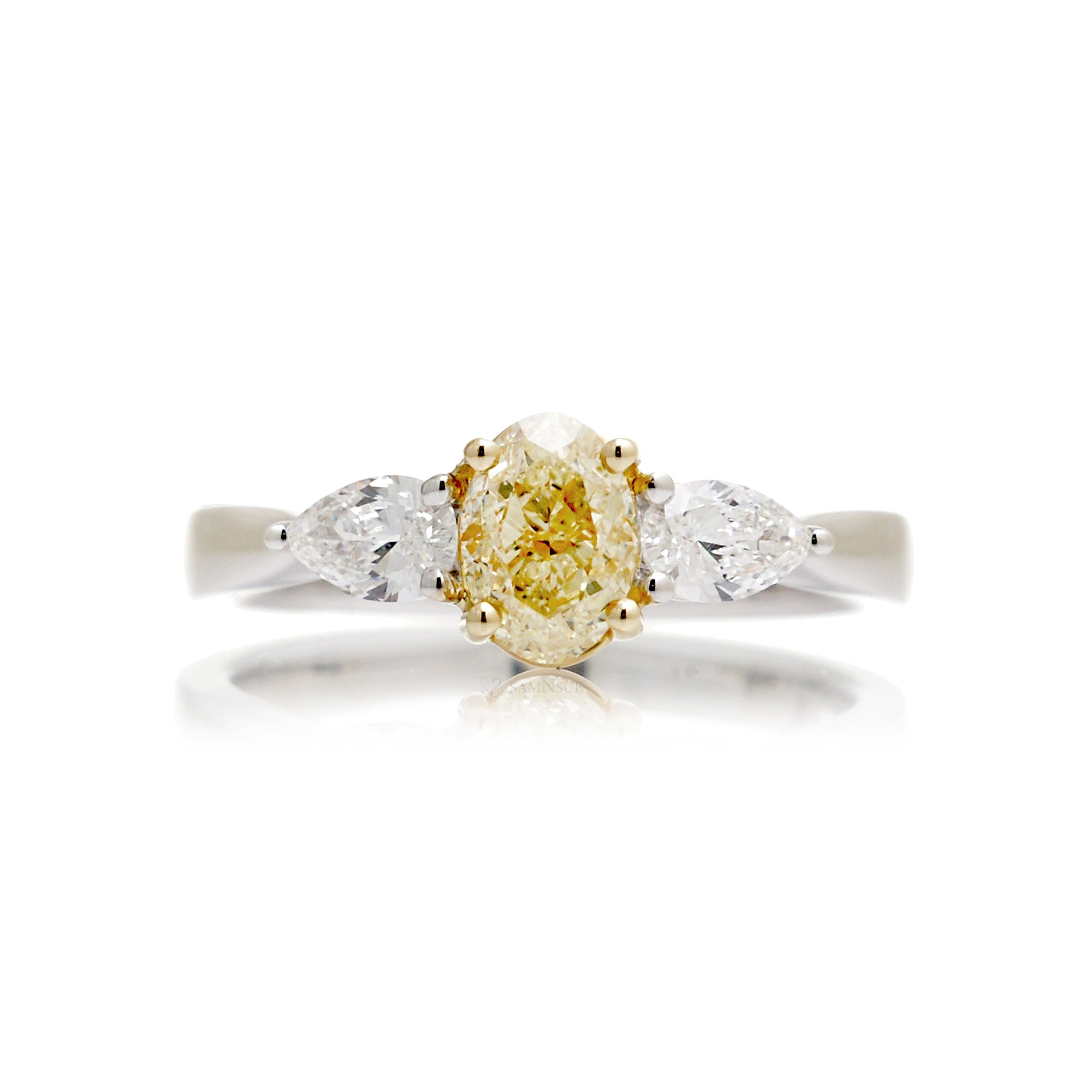 Three Stone Oval Natural Pear Fancy Yellow Diamond Ring