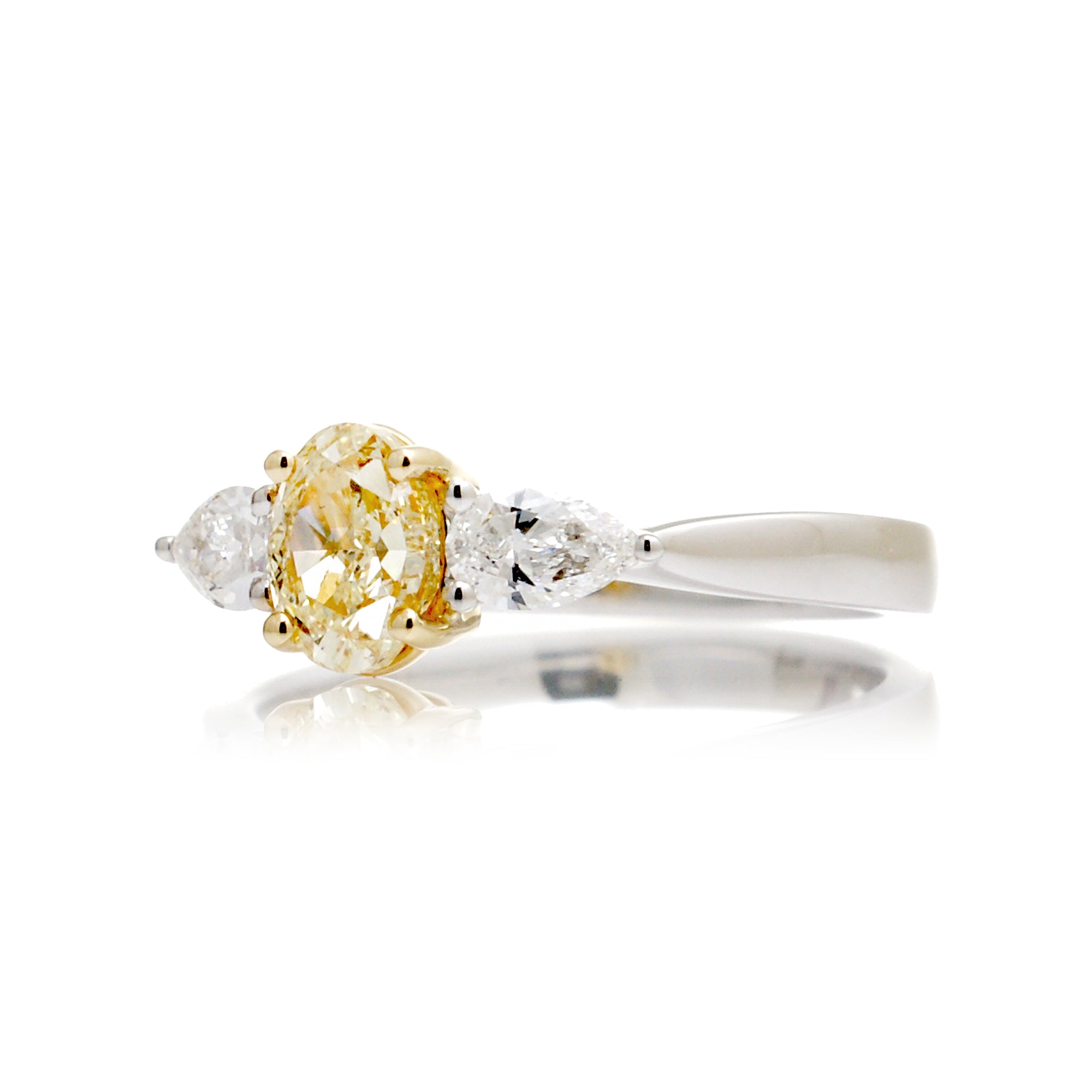 Three Stone Oval Natural Pear Fancy Yellow Diamond Ring