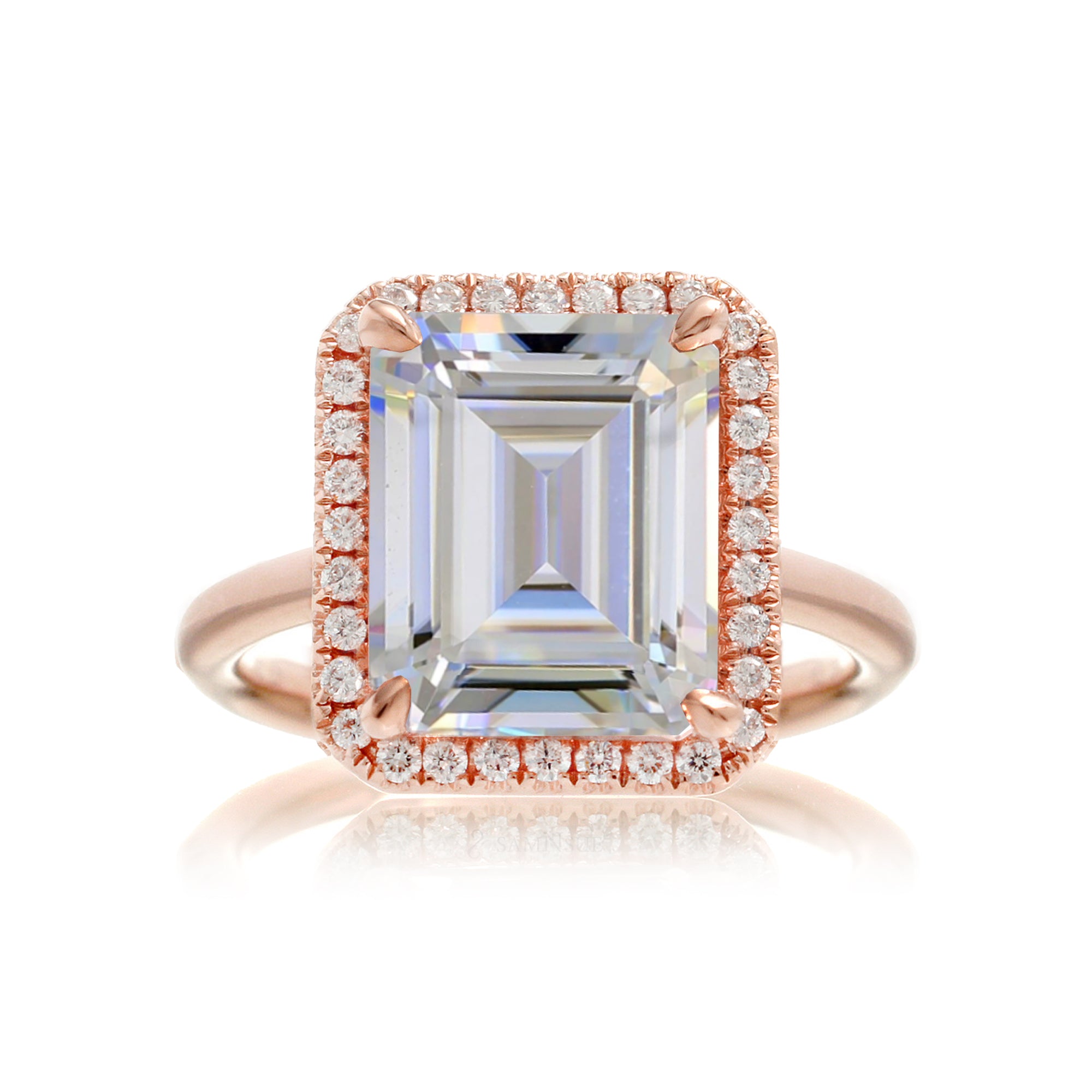 Emerald cut moissanite engagement ring with diamond halo the Drenched rose gold solid band
