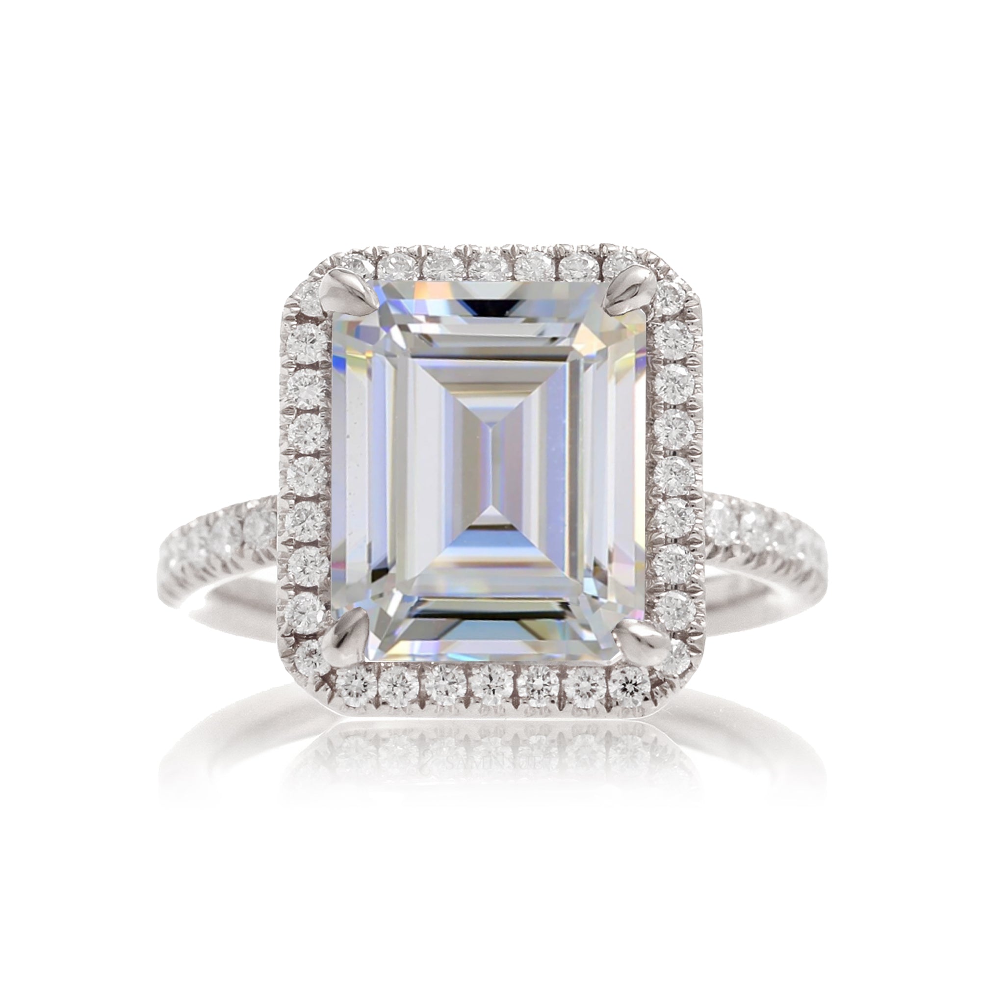 Emerald cut moissanite engagement ring with diamond halo the Drenched white gold