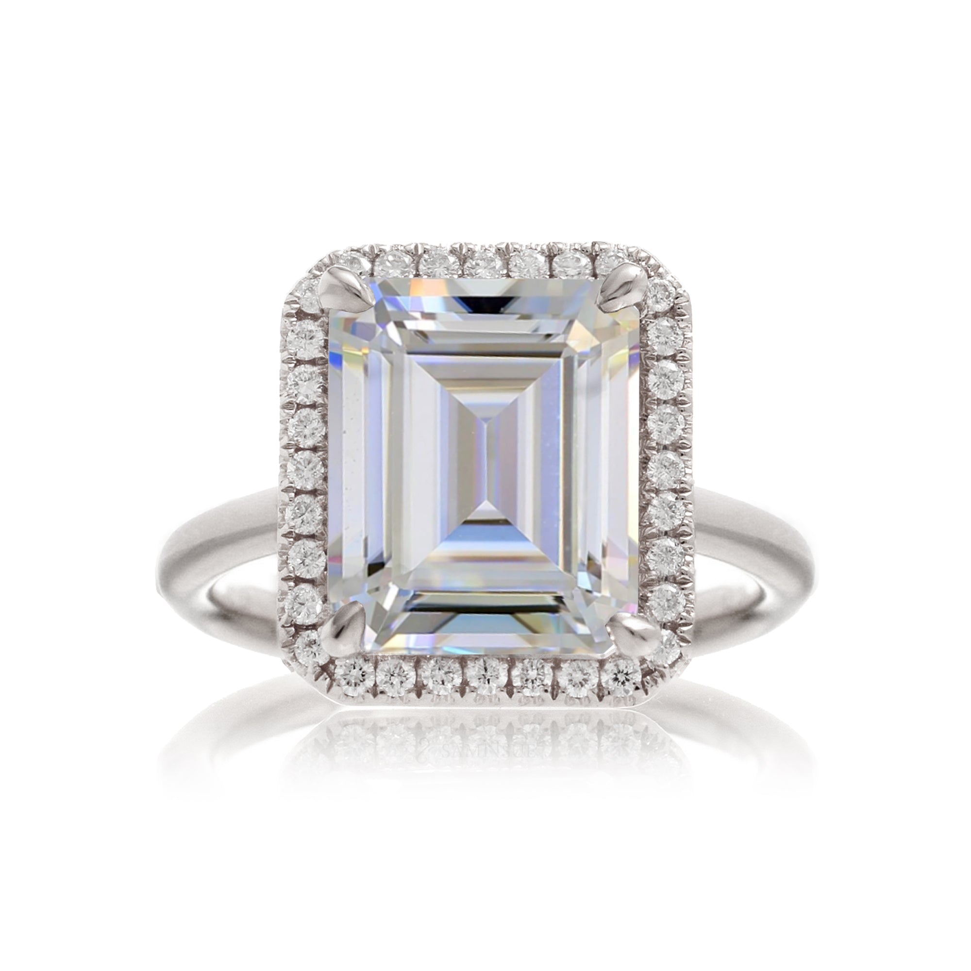 Emerald cut moissanite engagement ring with diamond halo the Drenched white gold solid band